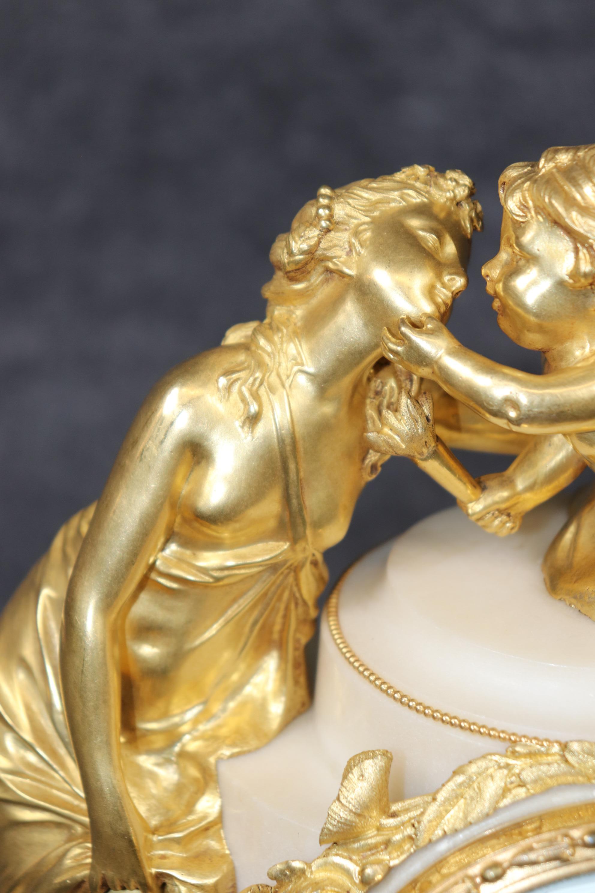 French Louis XVI Style Figural Bronze Ormolu and Marble Clock Set By Planchon 7
