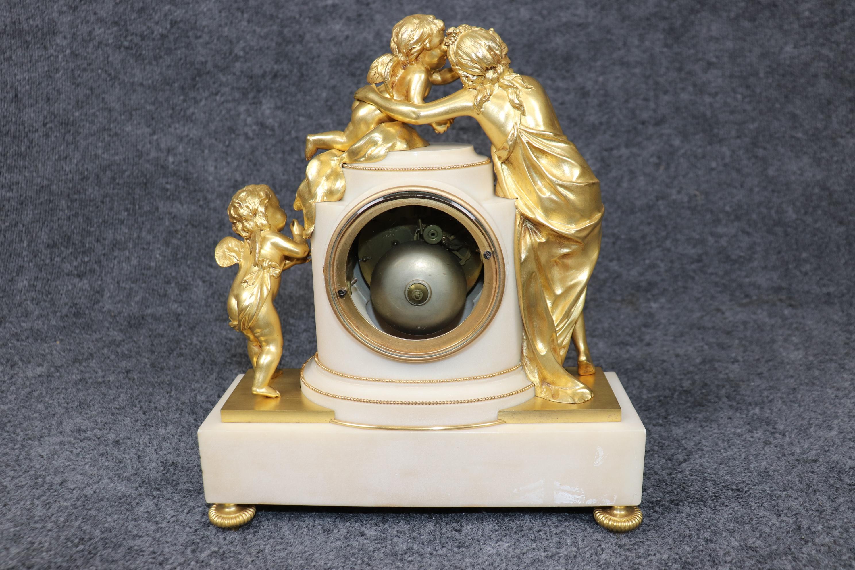 19th Century French Louis XVI Style Figural Bronze Ormolu and Marble Clock Set By Planchon