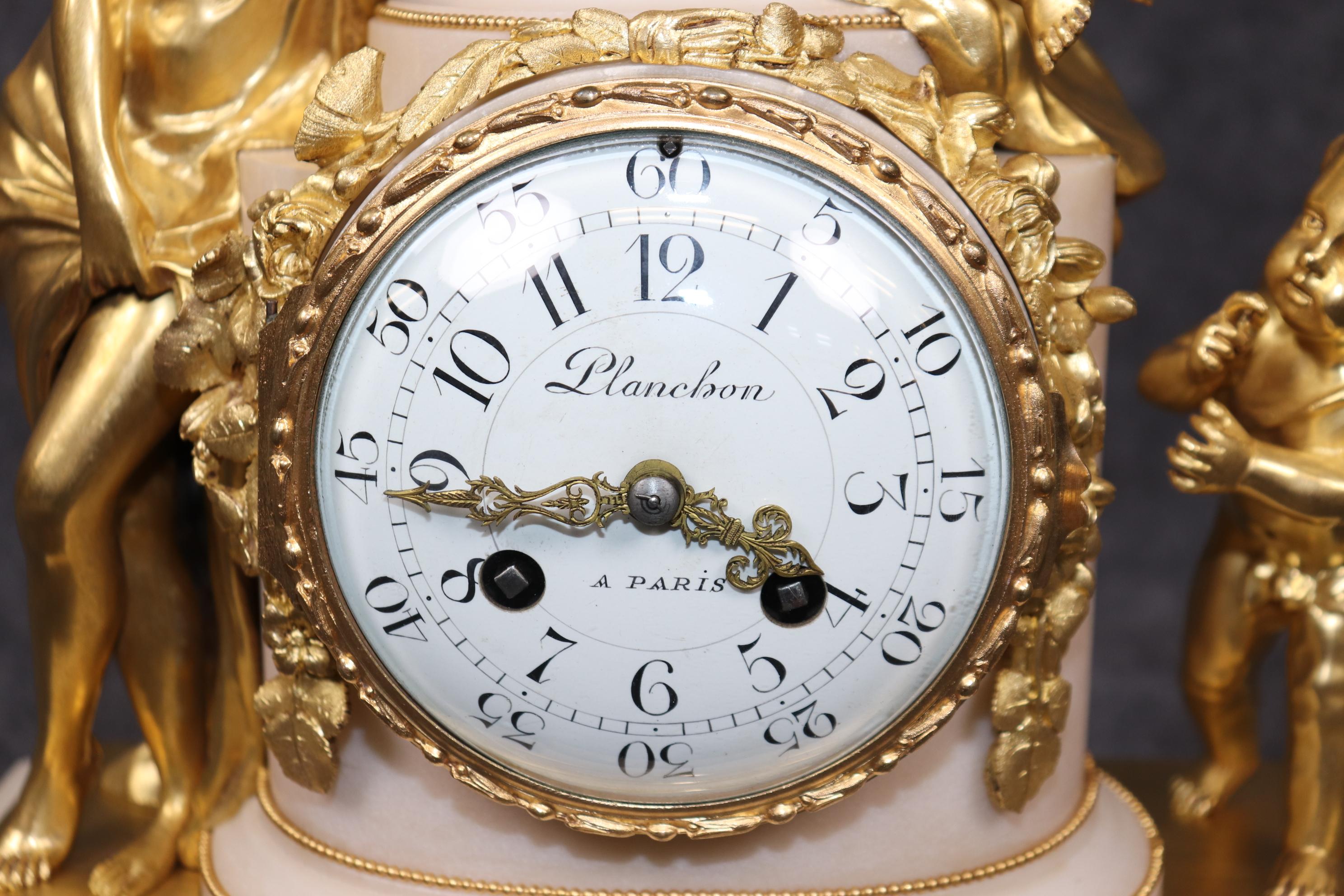French Louis XVI Style Figural Bronze Ormolu and Marble Clock Set By Planchon 2