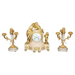 Antique French Louis XVI Style Figural Bronze Ormolu and Marble Clock Set By Planchon