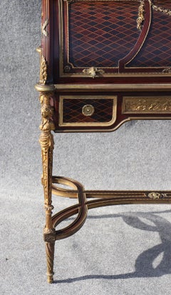 French Louis XVI Style Figural Dore Bronze Marquetry Cylinder Desk