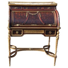 French Louis XVI Style Figural Dore Bronze Marquetry Cylinder Desk