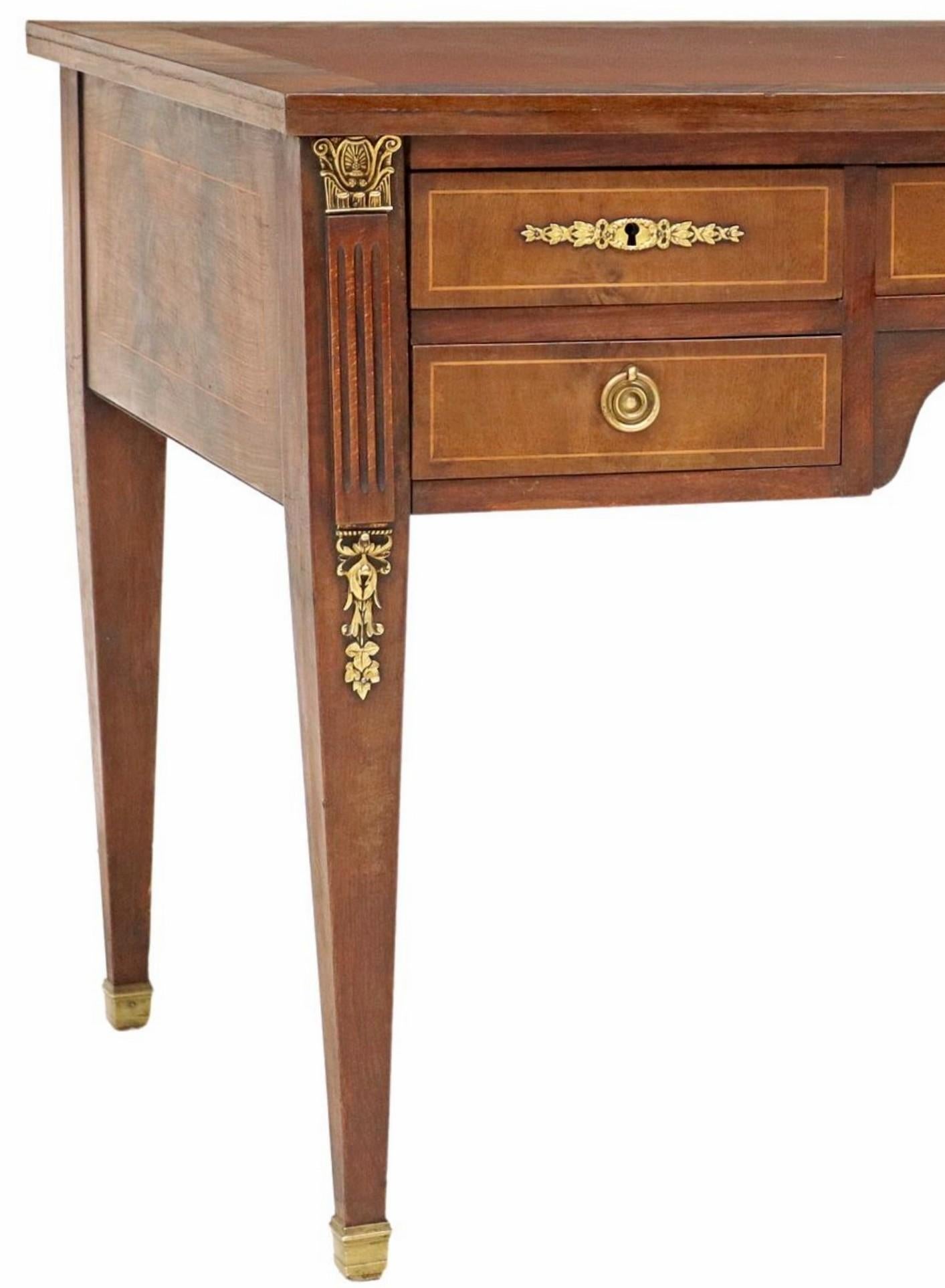 Brass French Louis XVI Style Flame Mahogany Writing Desk  For Sale