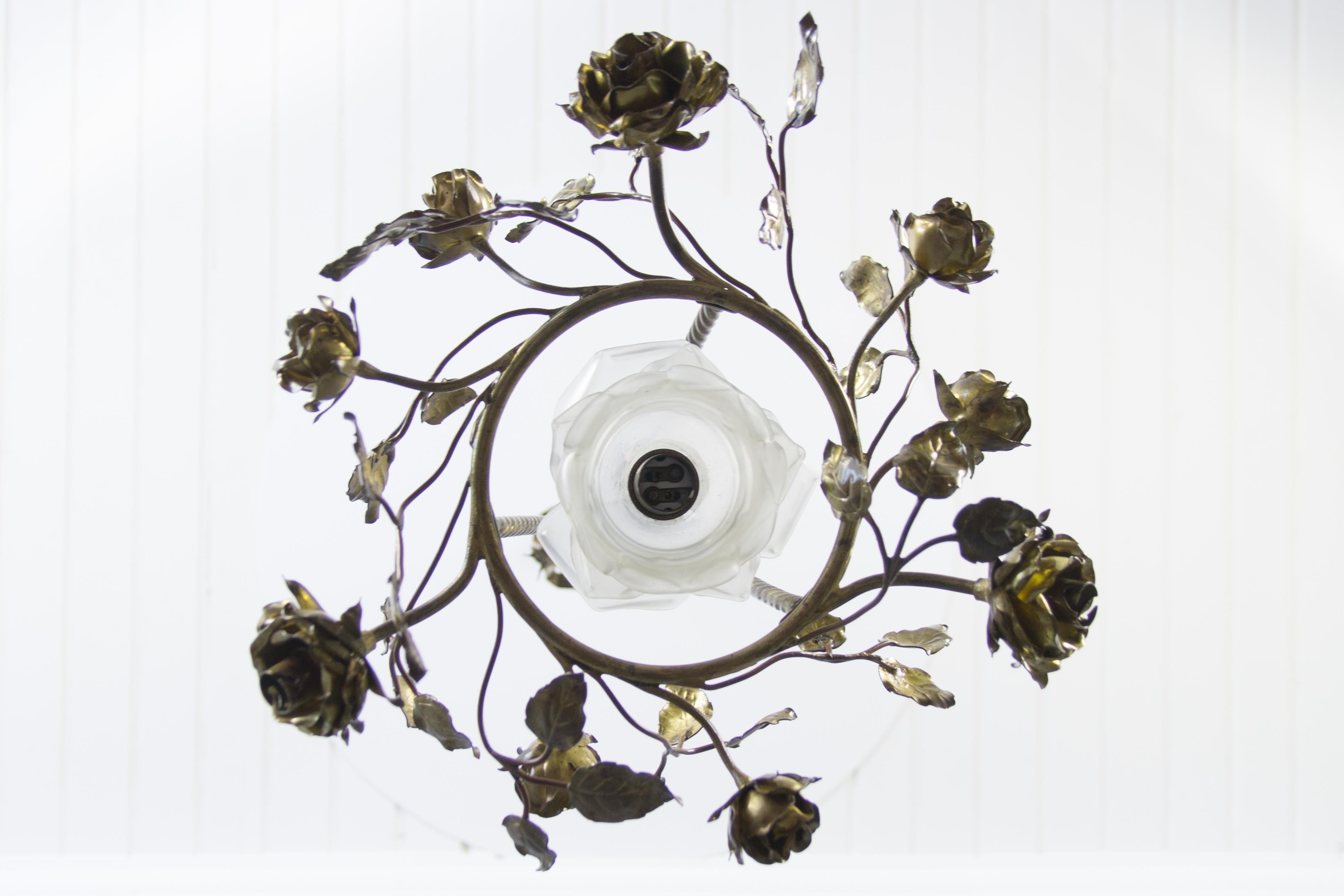 French Louis XVI Style Four-Light Bronze Roses Chandelier 8