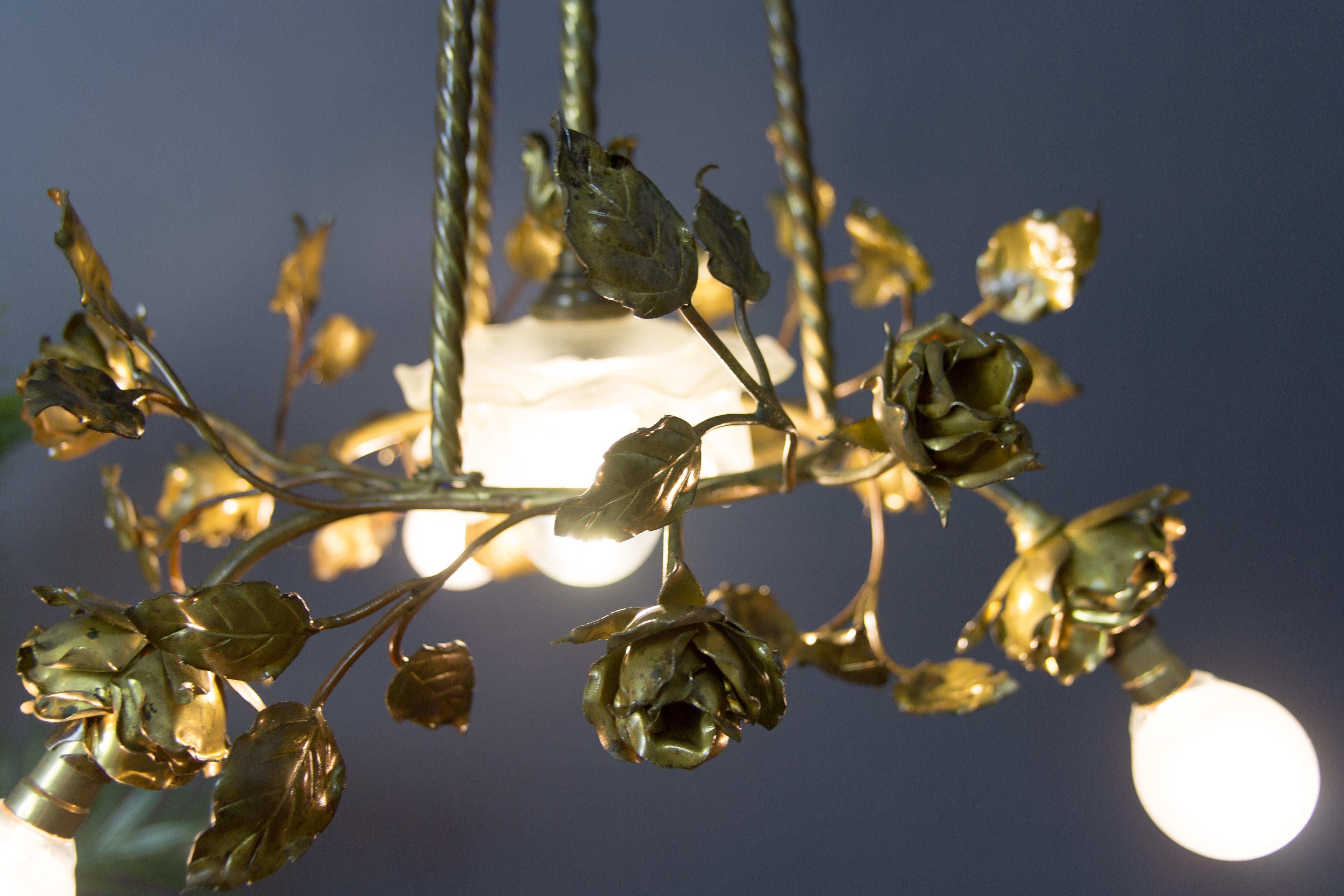 French Louis XVI Style Four-Light Bronze Roses Chandelier 9