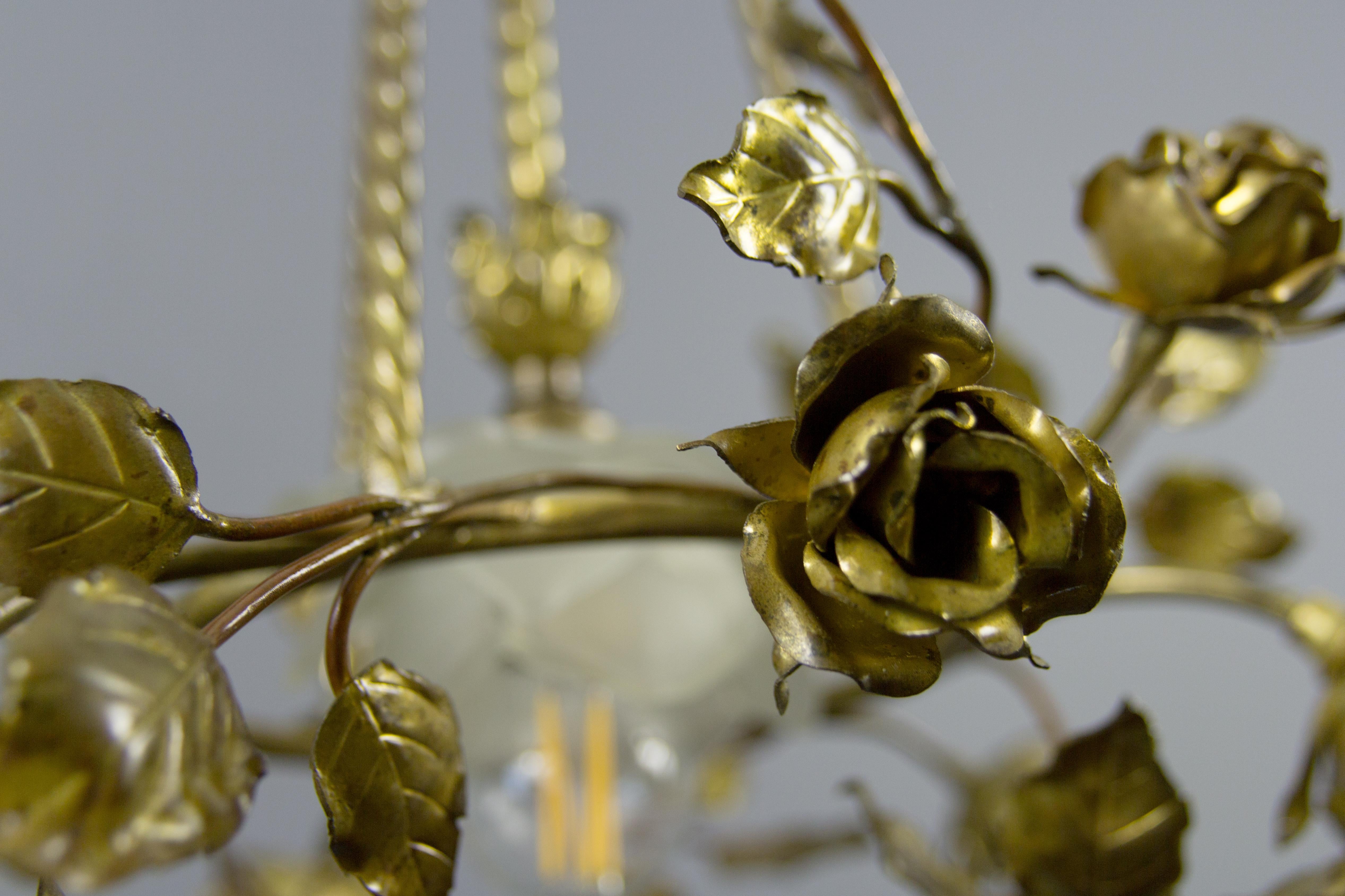 French Louis XVI Style Four-Light Bronze Roses Chandelier 12