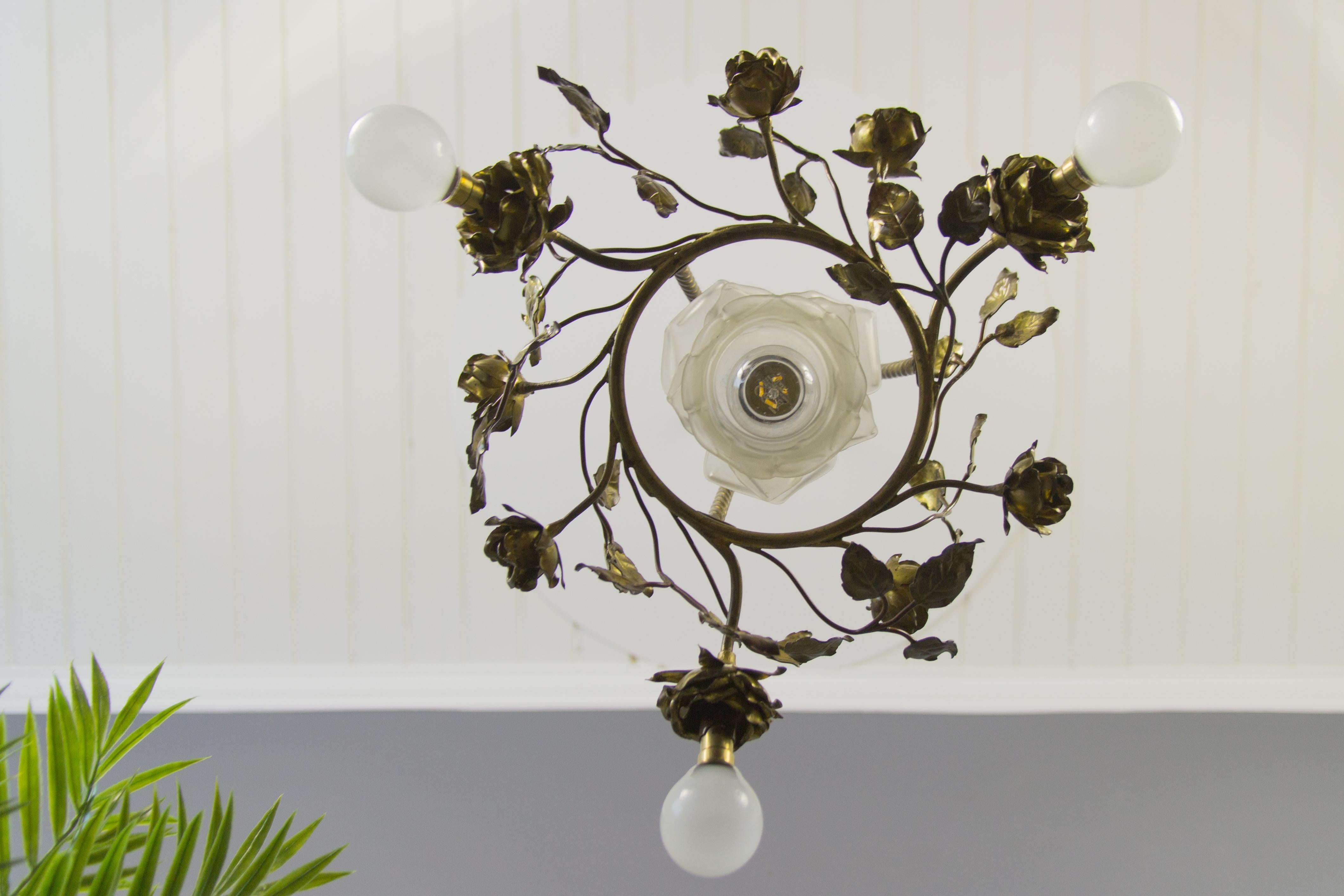 French Louis XVI Style Four-Light Bronze Roses Chandelier 13