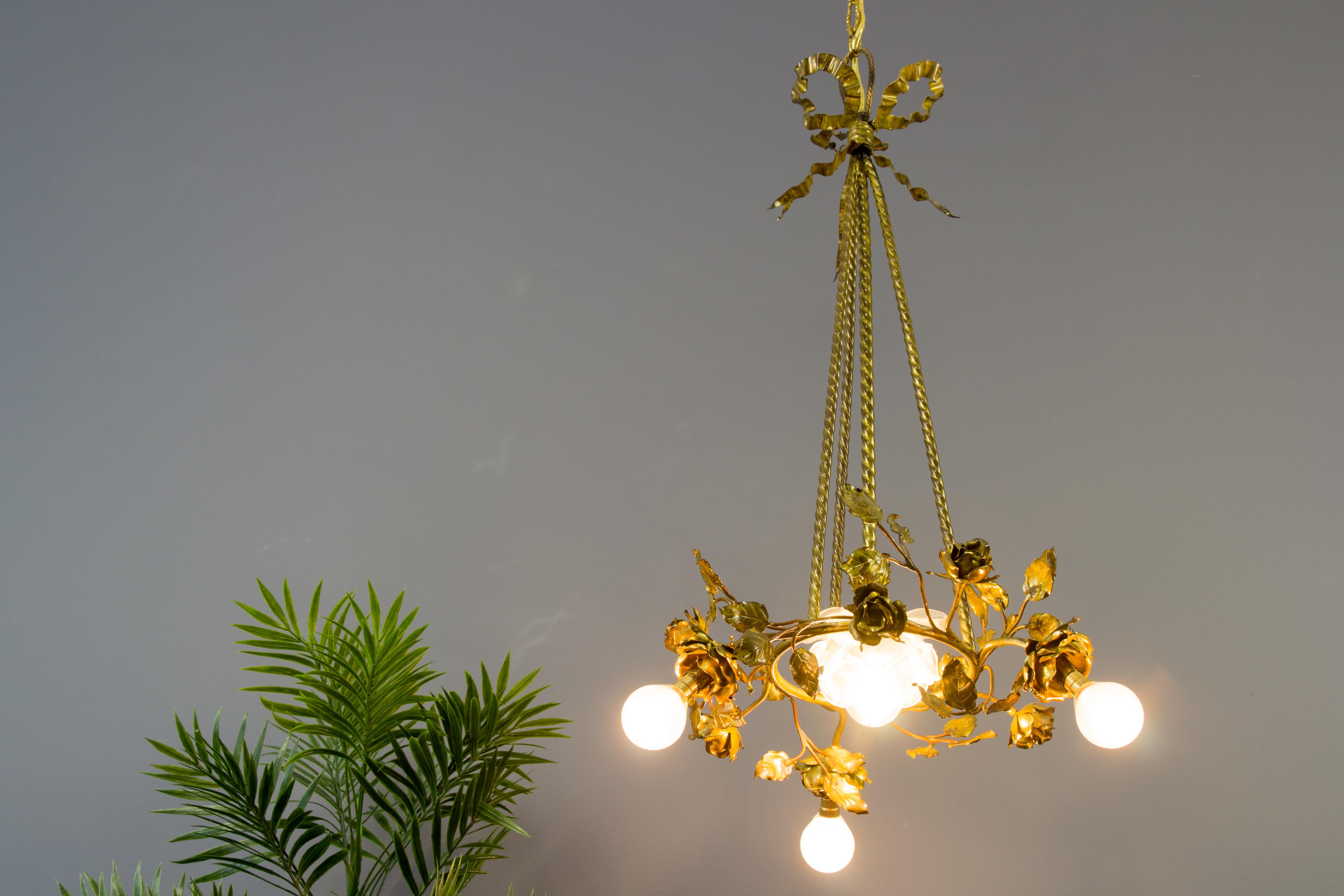 20th Century French Louis XVI Style Four-Light Bronze Roses Chandelier