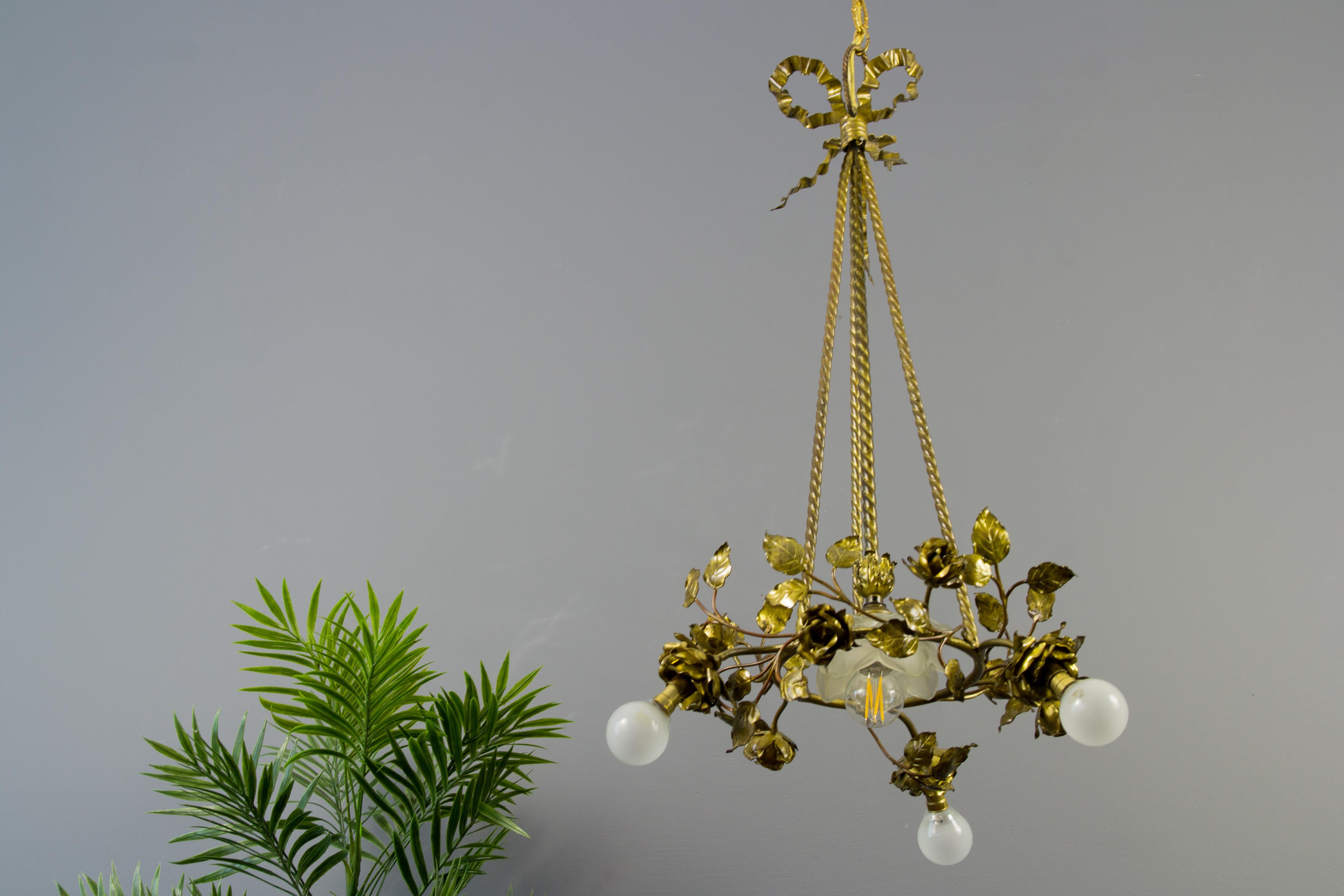 Brass French Louis XVI Style Four-Light Bronze Roses Chandelier