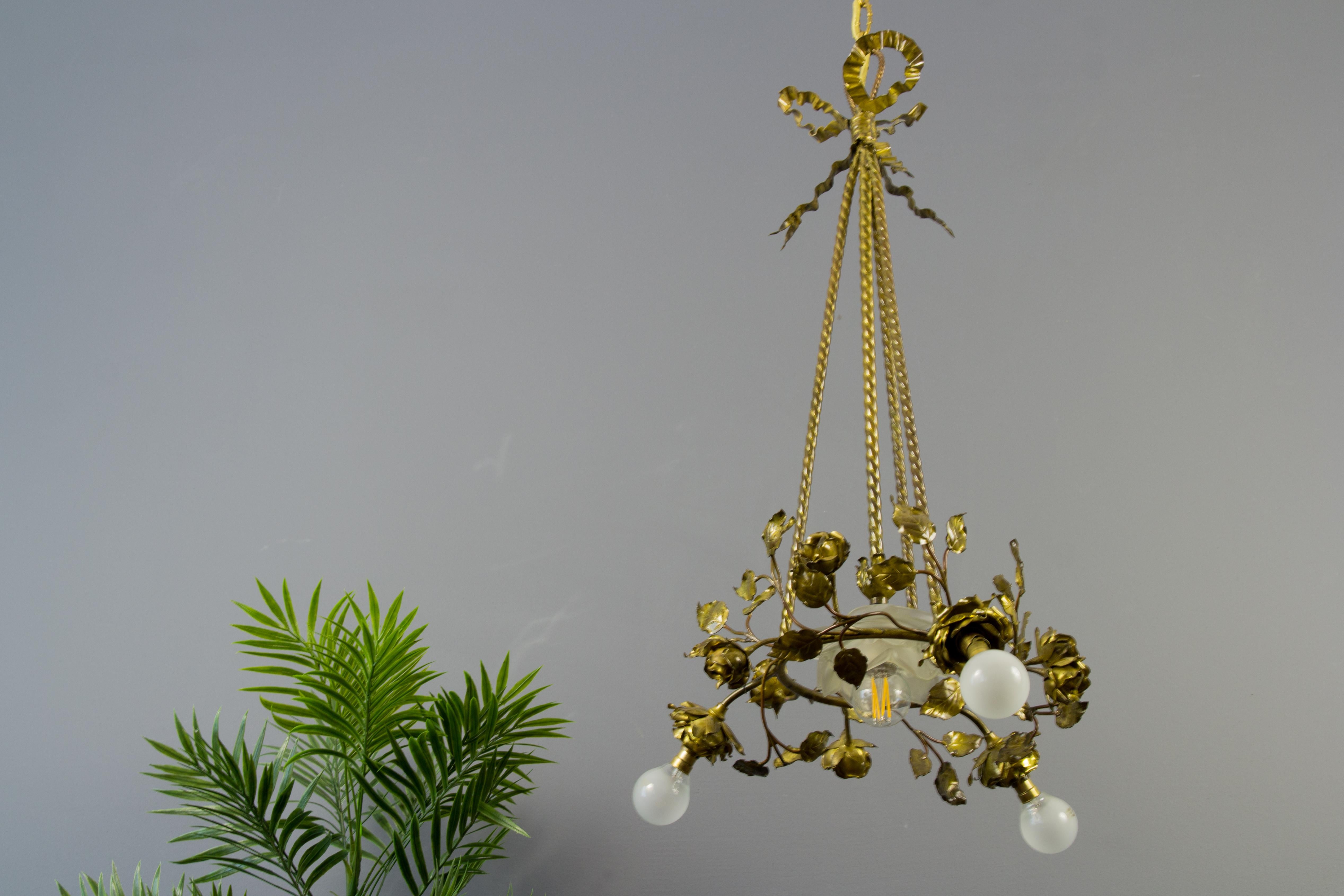 French Louis XVI Style Four-Light Bronze Roses Chandelier 1