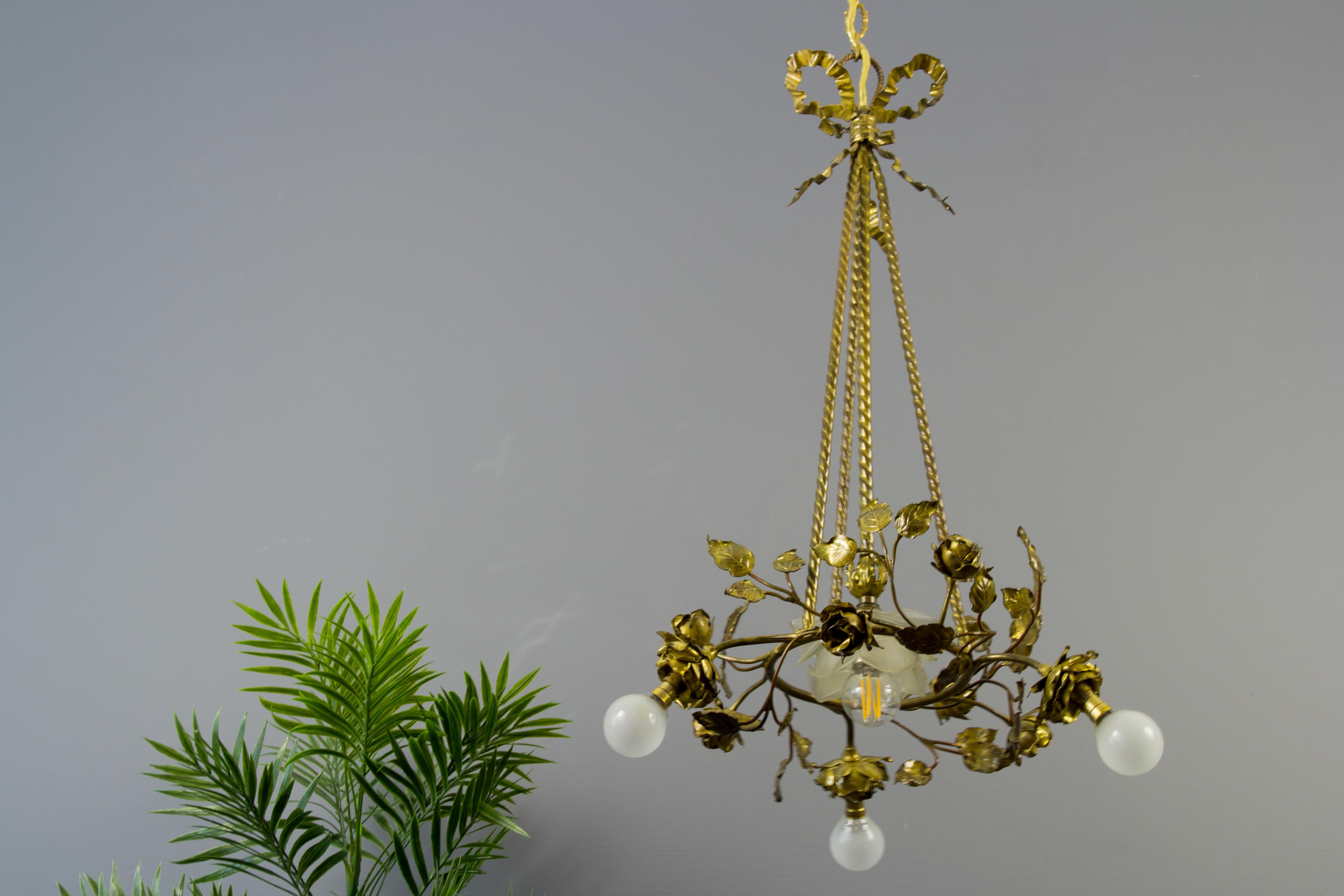 French Louis XVI Style Four-Light Bronze Roses Chandelier 2