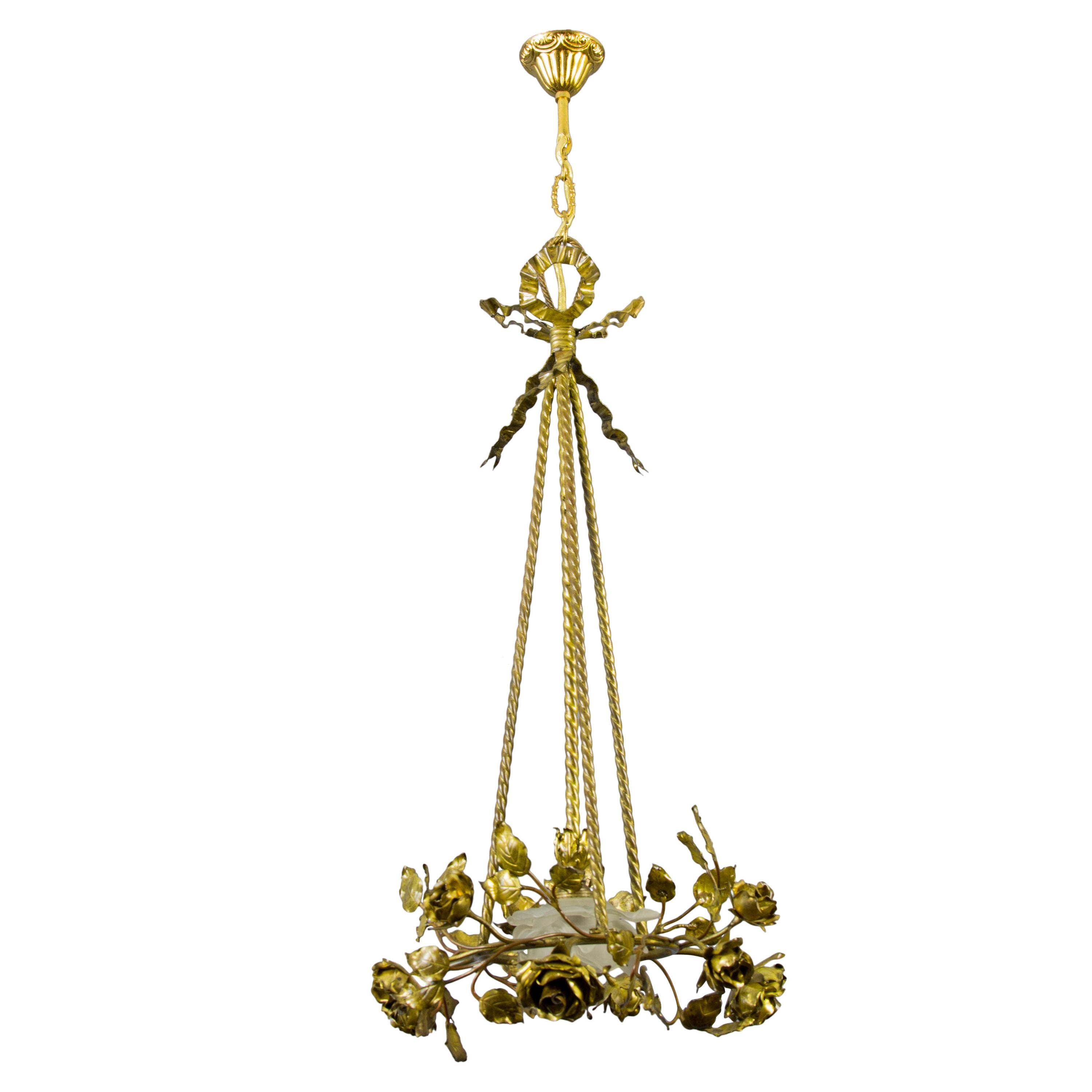French Louis XVI Style Four-Light Bronze Roses Chandelier