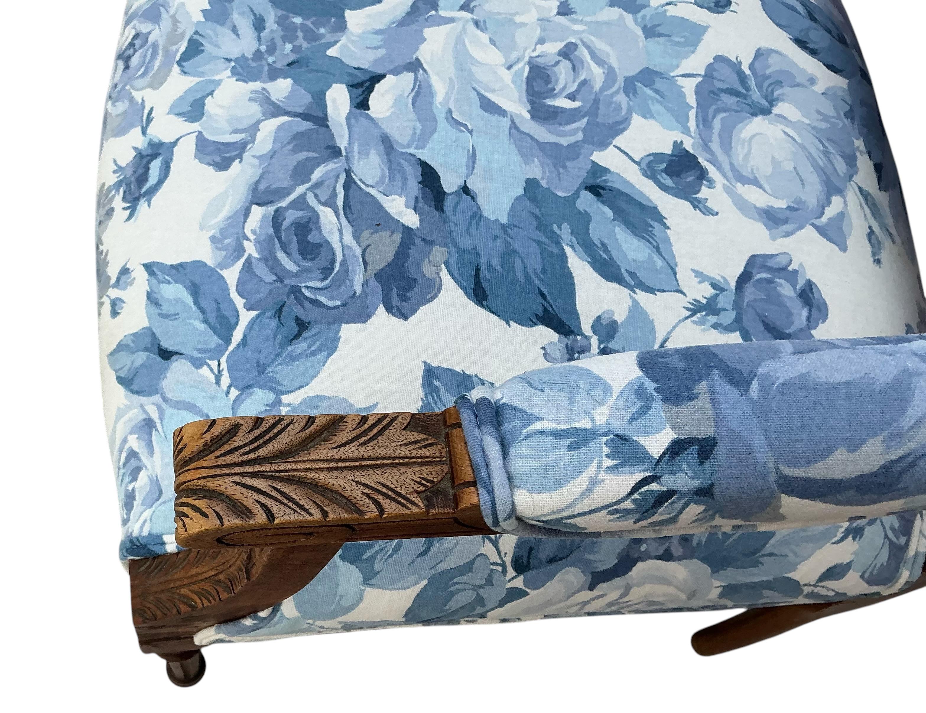20th Century French Louis XVI Style Fruitwood Bergere Chairs Blue & White Floral - Pair For Sale