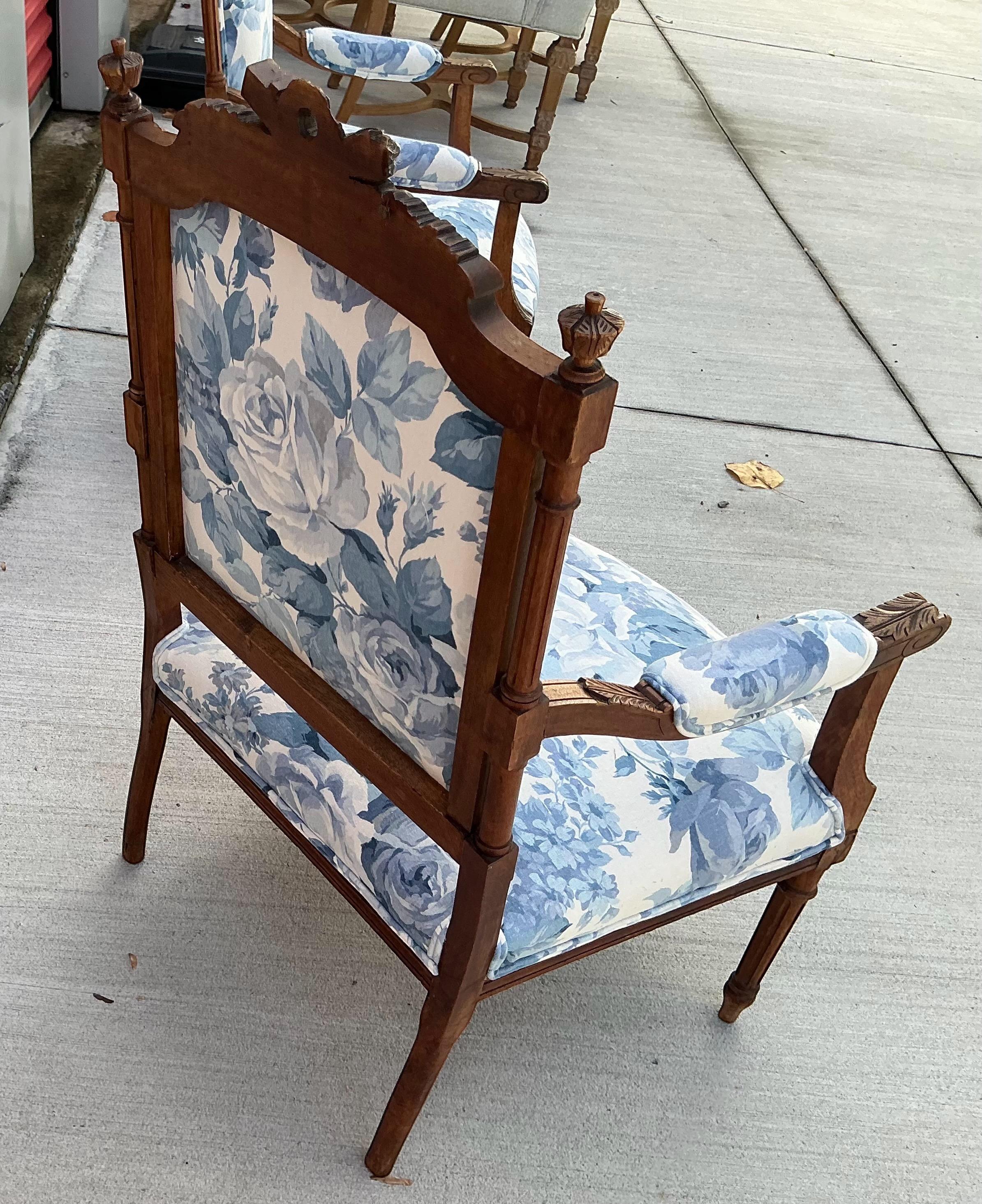 Upholstery French Louis XVI Style Fruitwood Bergere Chairs Blue & White Floral - Pair For Sale