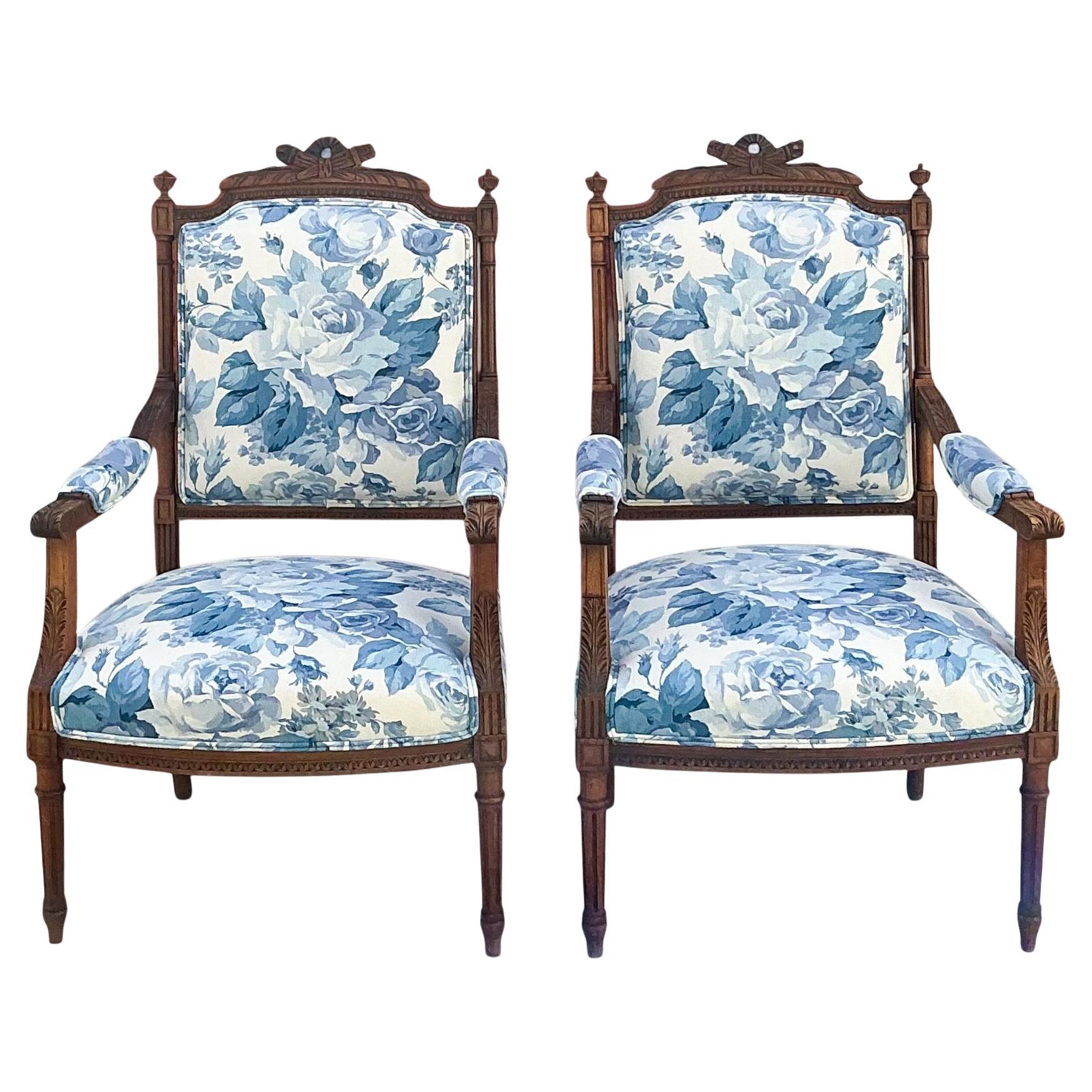 French Louis XVI Style Fruitwood Bergere Chairs Blue & White Floral - Pair