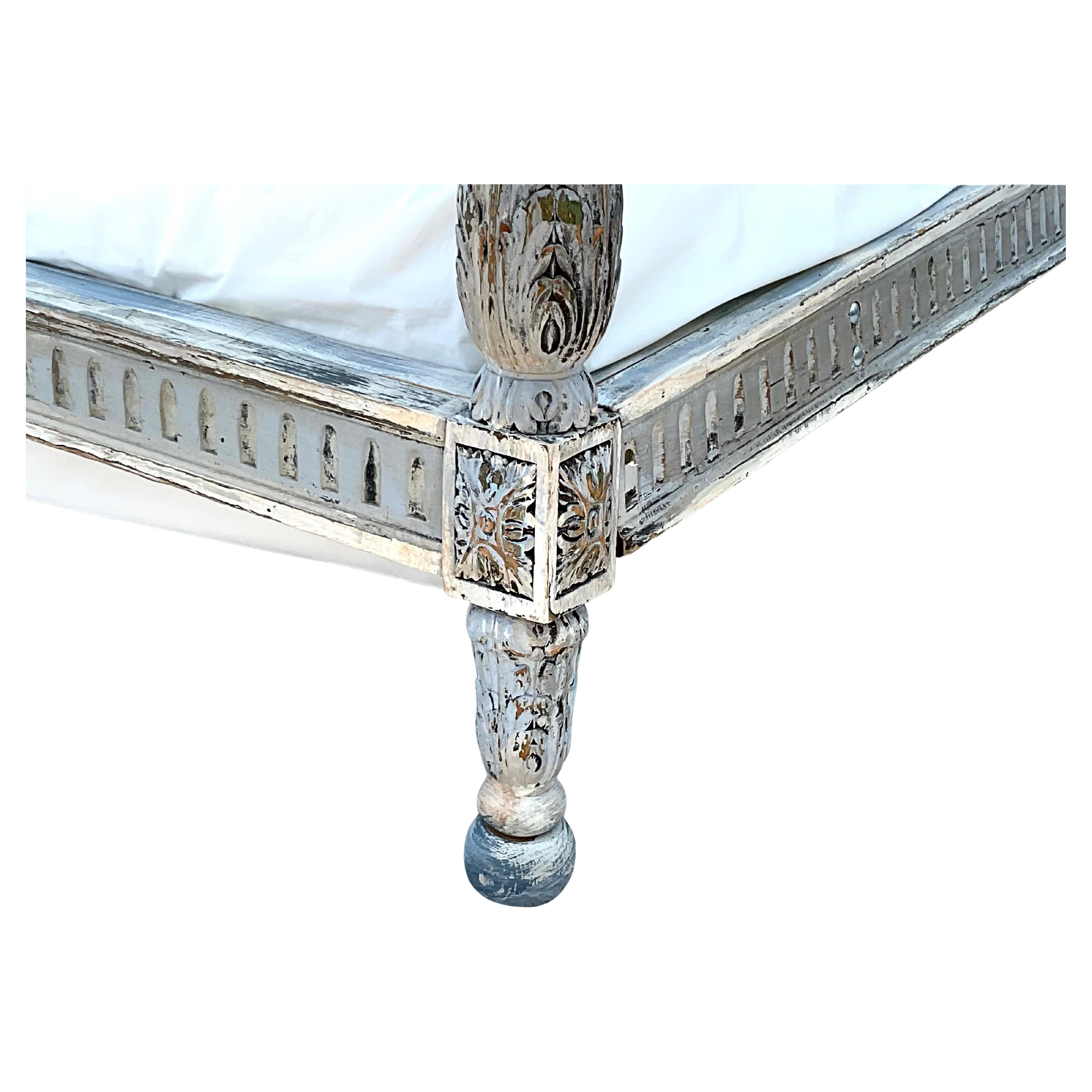French Louis XVI Style Full Size Carved Painted Bed For Sale 2