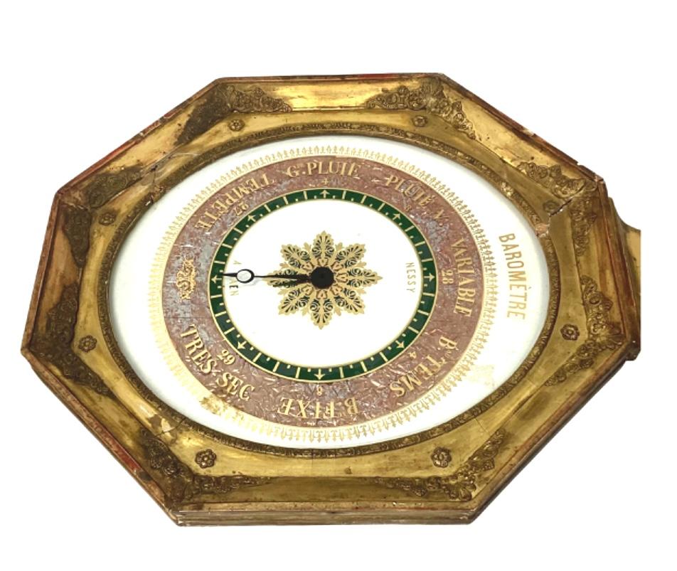 French Louis XVI Style Gilded and Painted Wood Directoire Wall Barometer In Fair Condition For Sale In Bradenton, FL