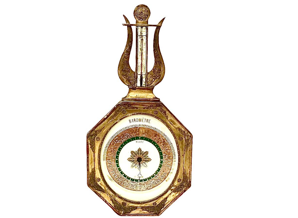 French Louis XVI Style Gilded and Painted Wood Directoire Wall Barometer For Sale 1