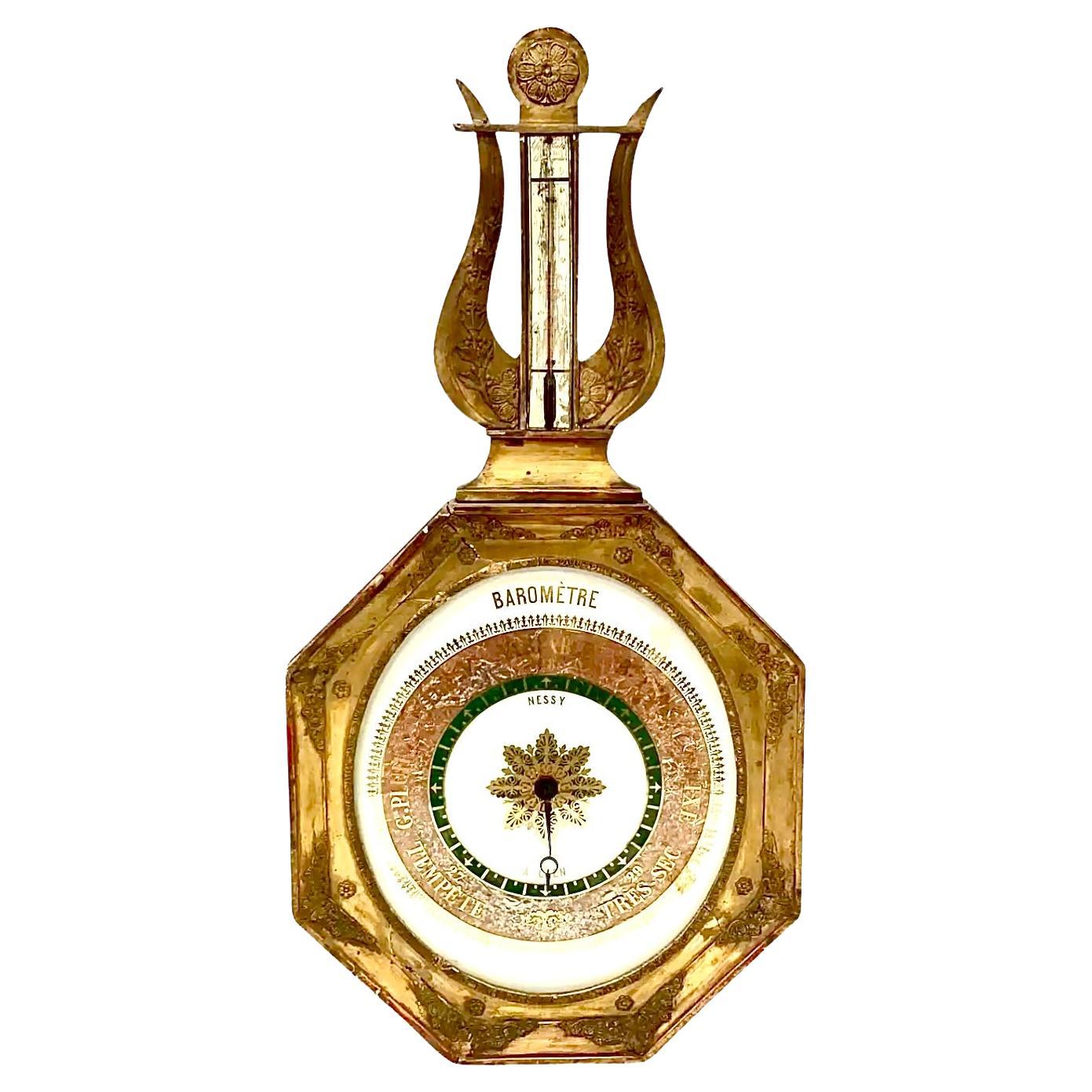 French Louis XVI Style Gilded and Painted Wood Directoire Wall Barometer For Sale