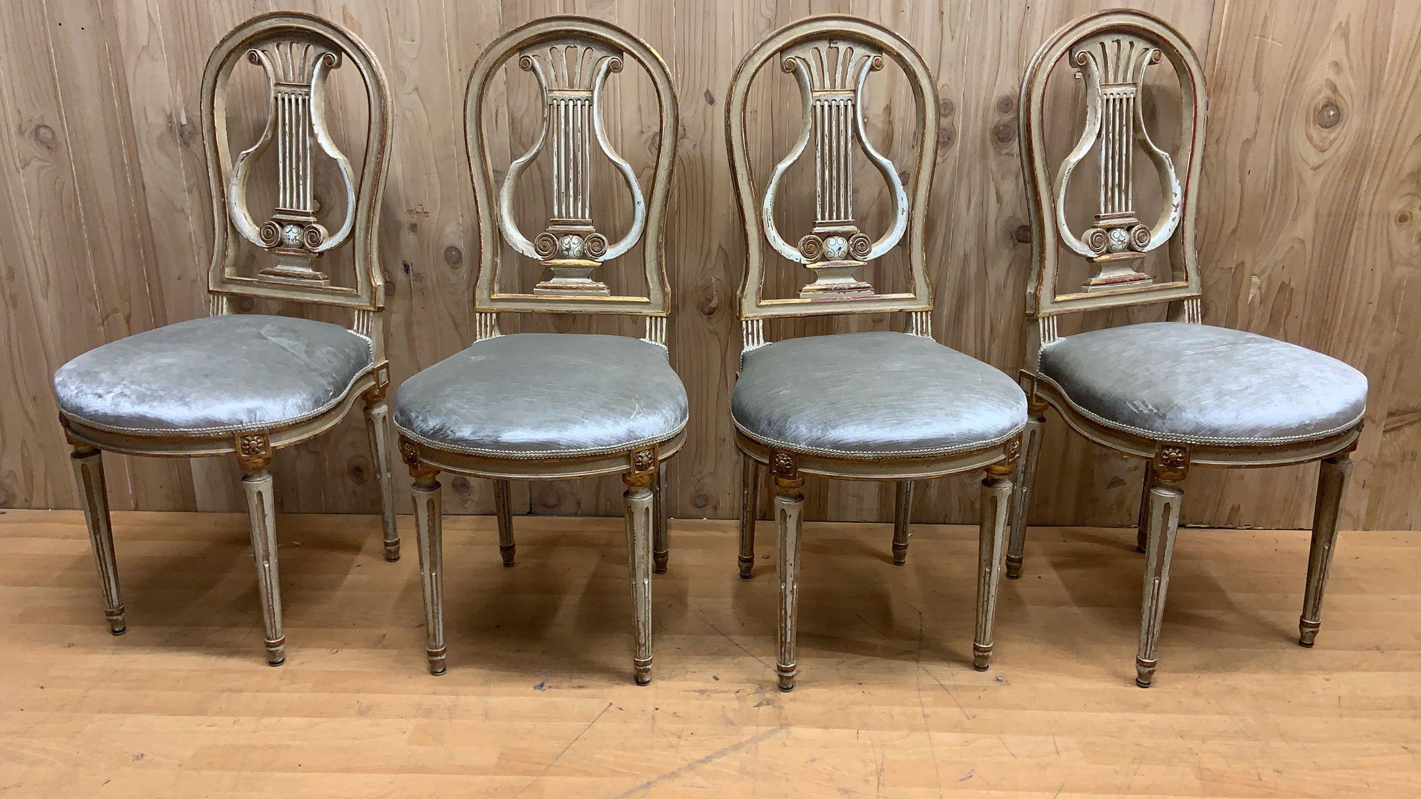 Antique French Louis XVI Style Gilded Balloon-Back Dining Chairs
Newly Upholstered - Set of 4

Gorgeous Set of 4, 19th century Gilded & Hand Carved Balloon Back Fluted Leg, Louis XVI Style Dining Chairs. This Unique Set of 4 Chairs Has Been