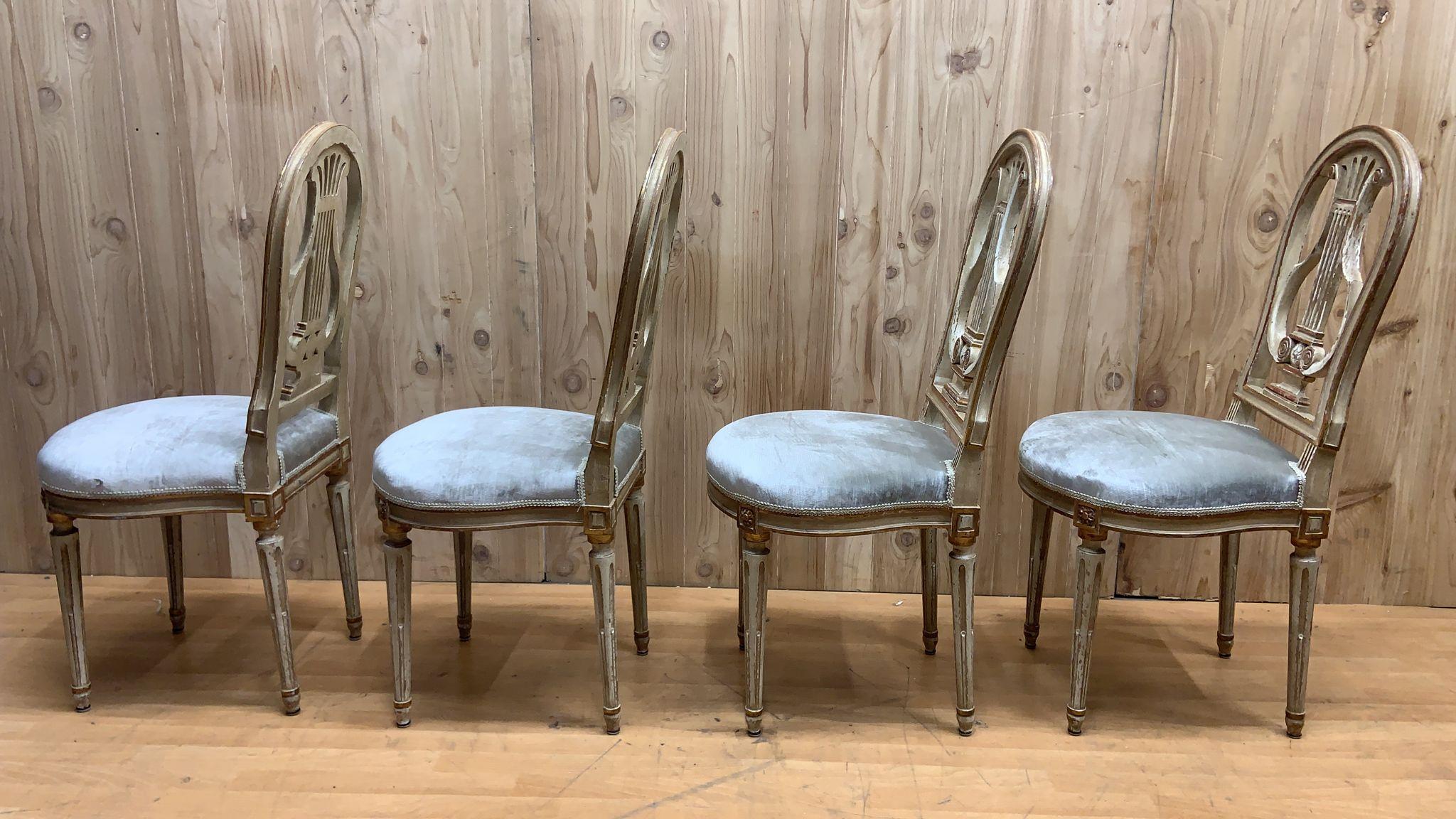 Hand-Crafted French Louis XVI Style Gilded Balloon-Back Dining Chairs Newly Upholstered For Sale