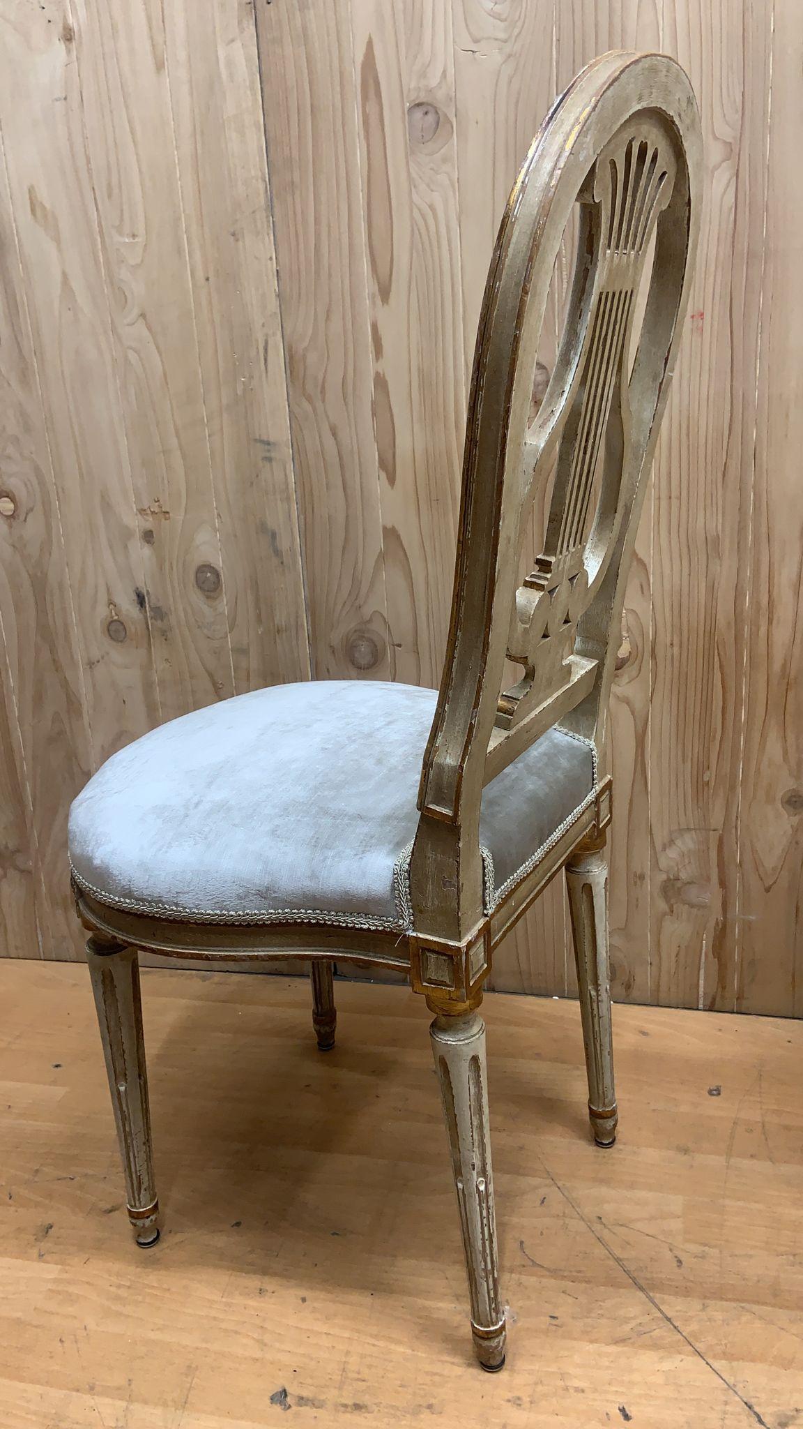Velvet French Louis XVI Style Gilded Balloon-Back Dining Chairs Newly Upholstered For Sale