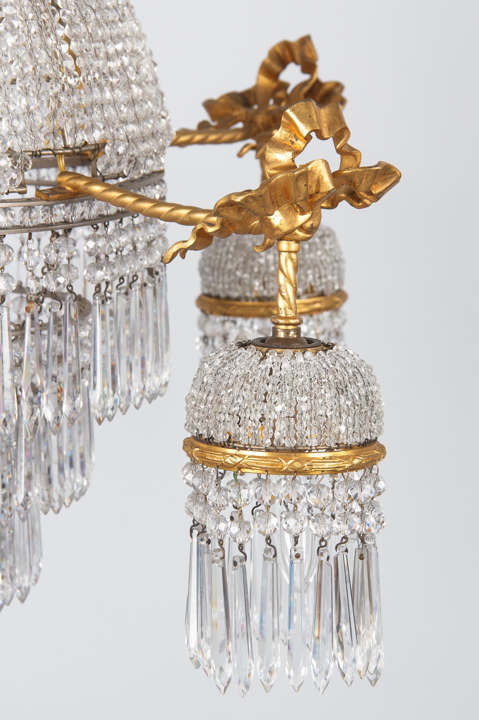 20th Century French Louis XVI Style Gilded Bronze and Crystal 5-Light Chandelier, 1900s