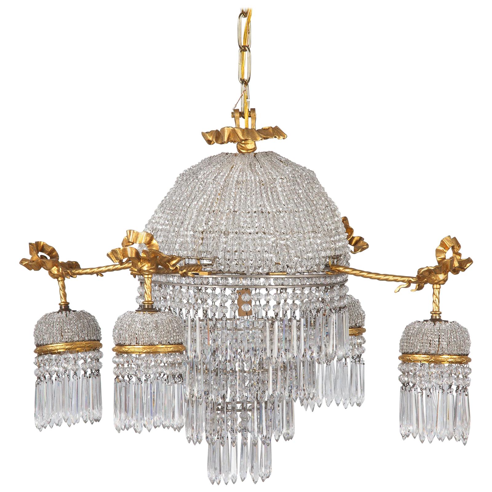 French Louis XVI Style Gilded Bronze and Crystal 5-Light Chandelier, 1900s