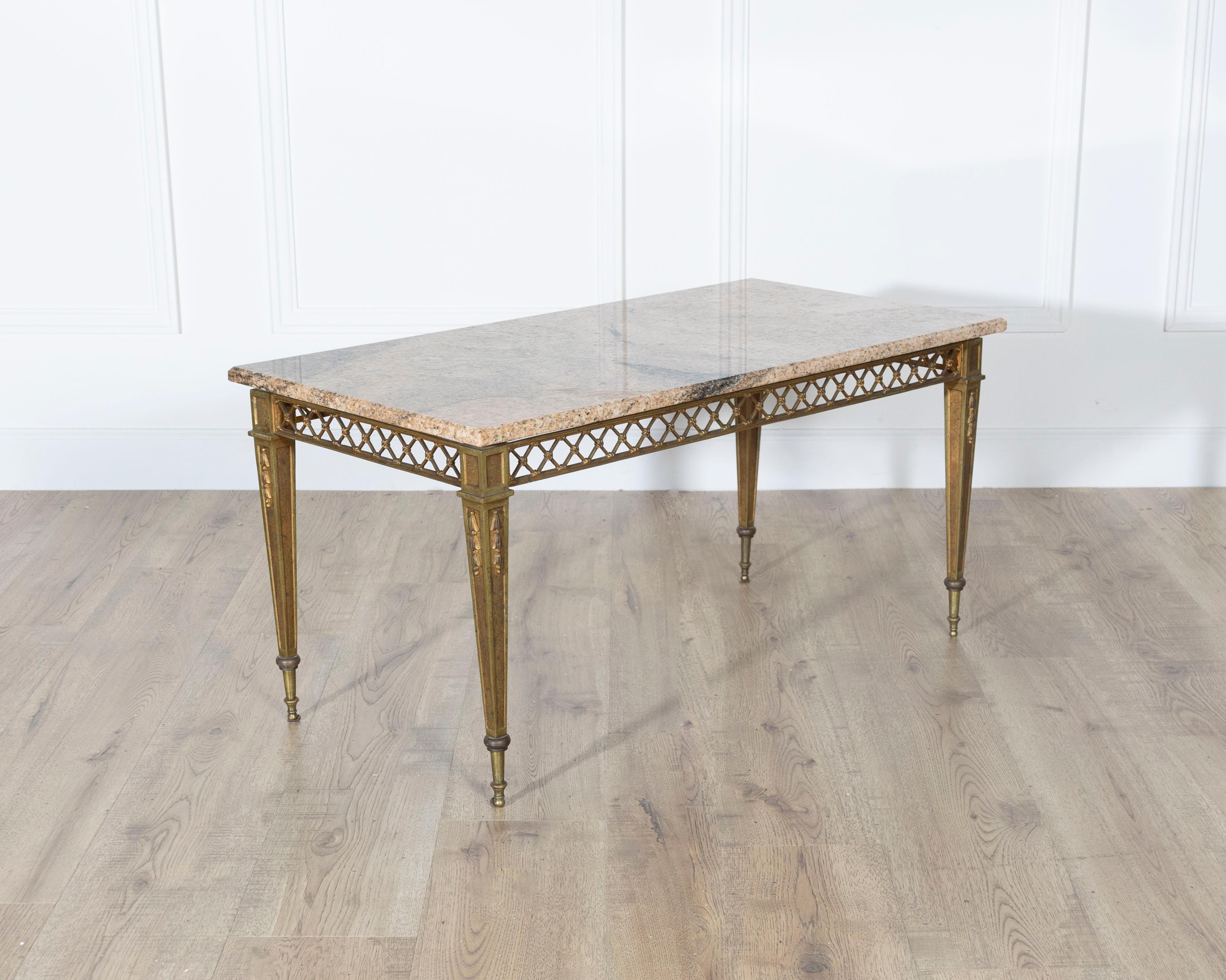 French Louis XVI Style Gilded Bronze Coffee Table by Baguès with Marble Top For Sale 1