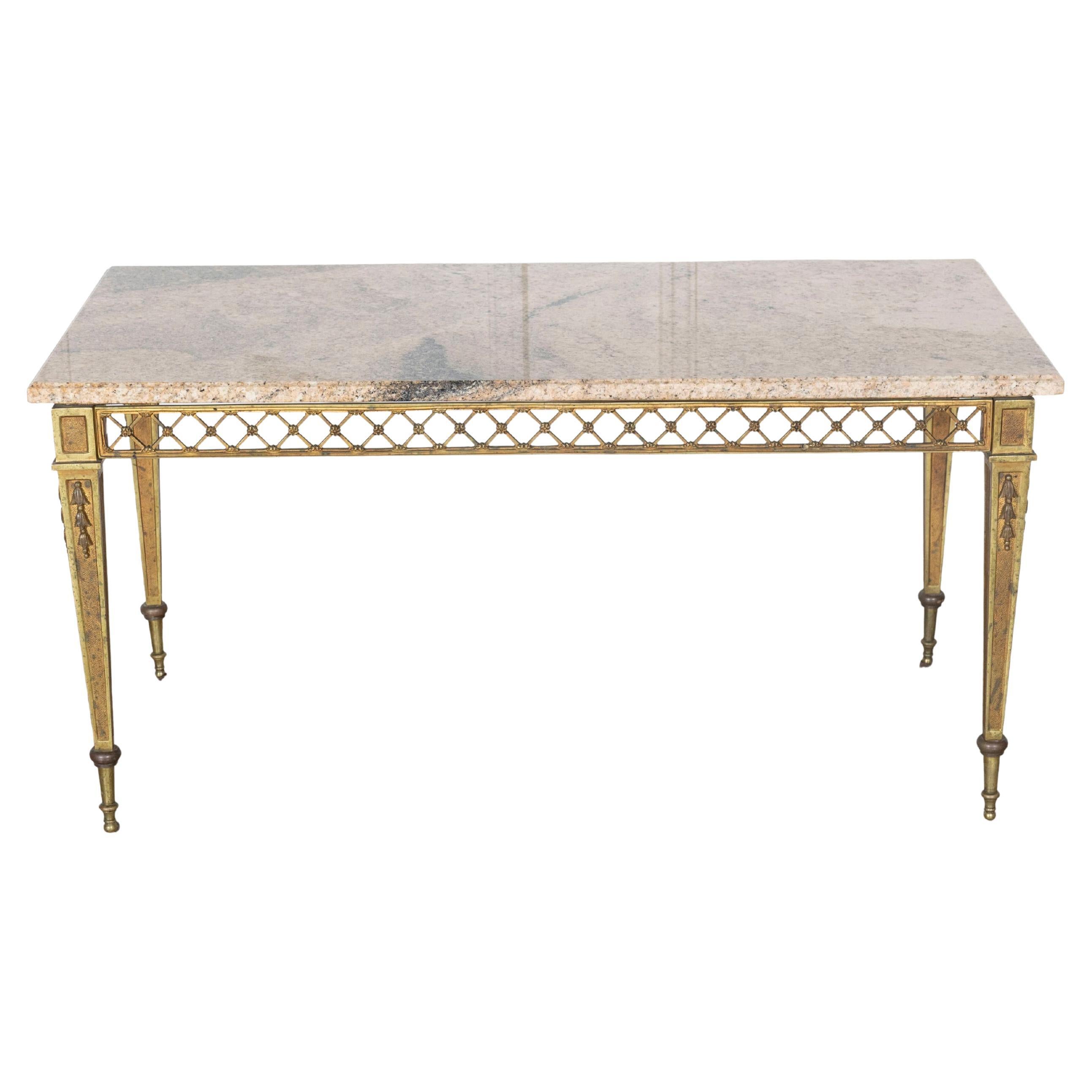 French Louis XVI Style Gilded Bronze Coffee Table by Baguès with Marble Top For Sale