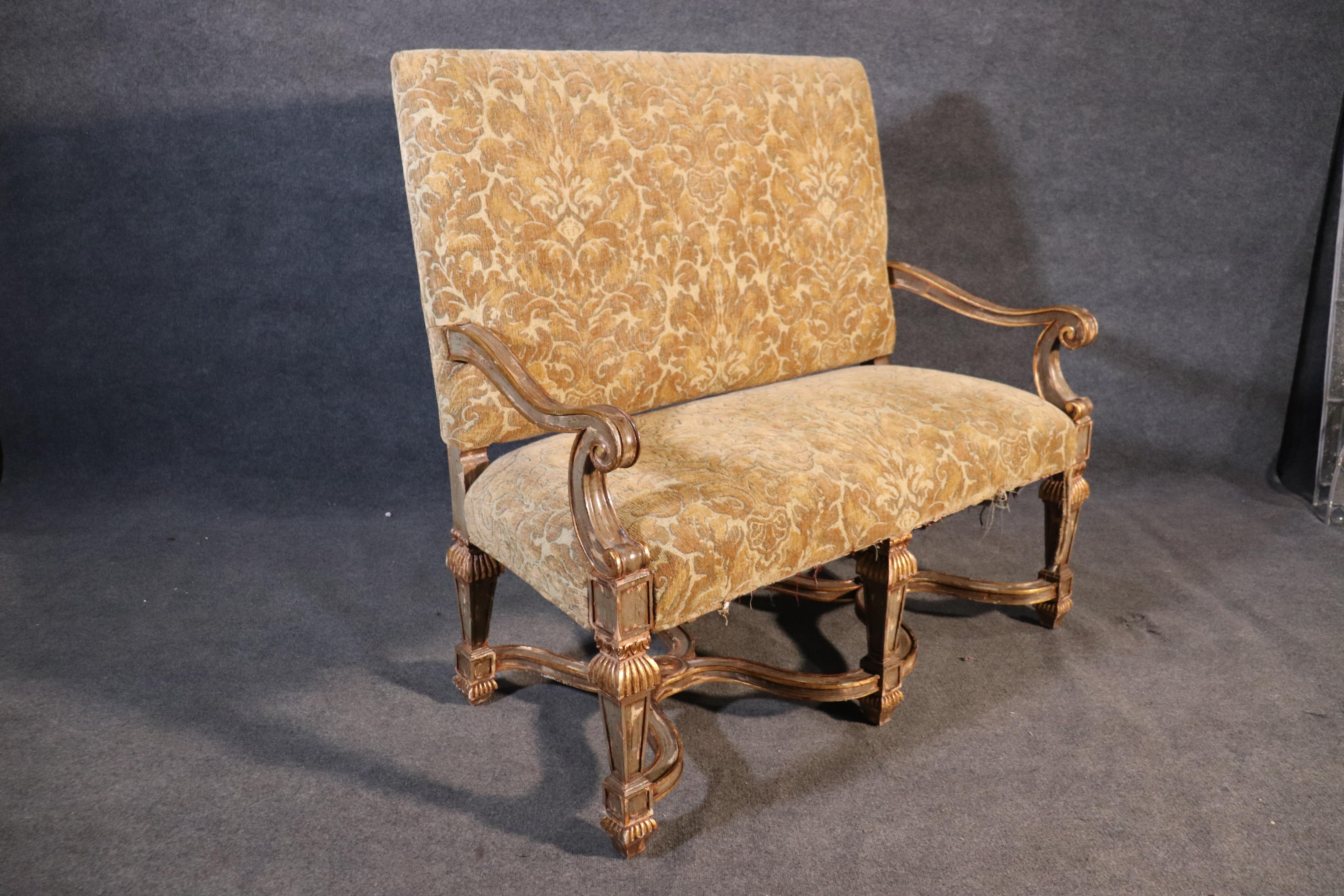 Ok, the upholstery is in need of refreshing...I get that. But the frame is gorgeous! Look at the wonderful paint decorated frame and genuine gold leaf that trims the frame. The upholstery can be redone by your upholsterer and make you happy. There