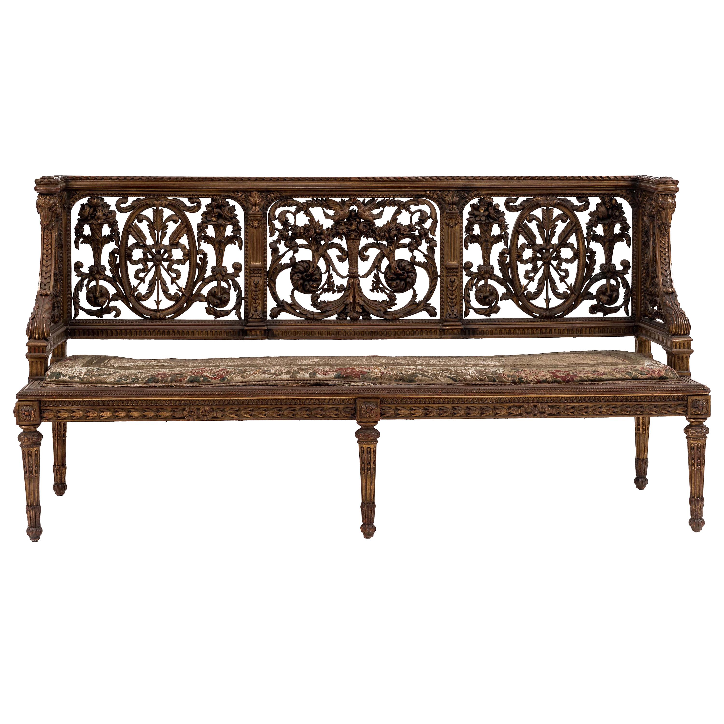 French Louis XVI Style Gilt and Filigree Carved Back Settee