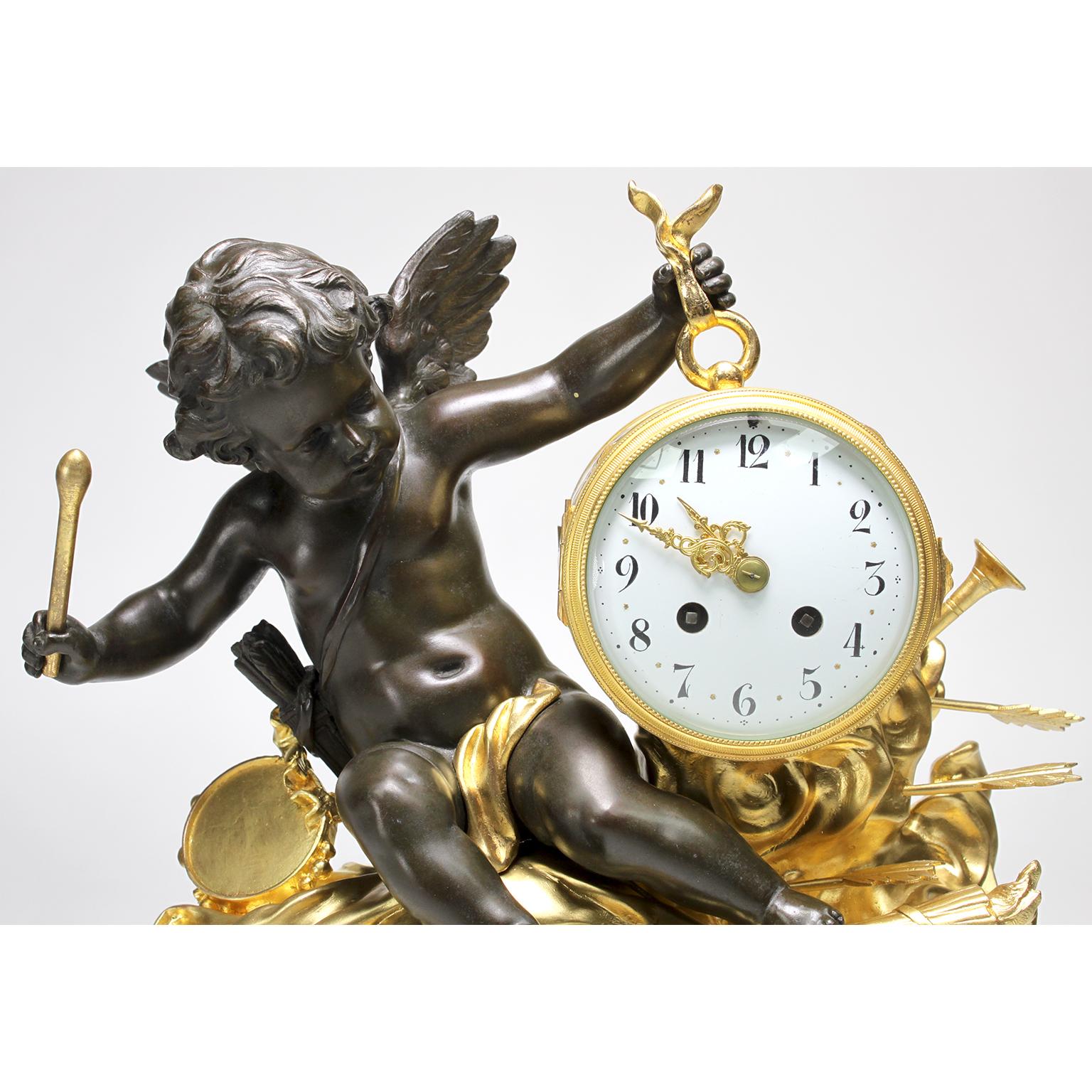 French Louis XVI Style Gilt and Patinated Bronze White Marble Cherub Cupid Clock In Good Condition For Sale In Los Angeles, CA