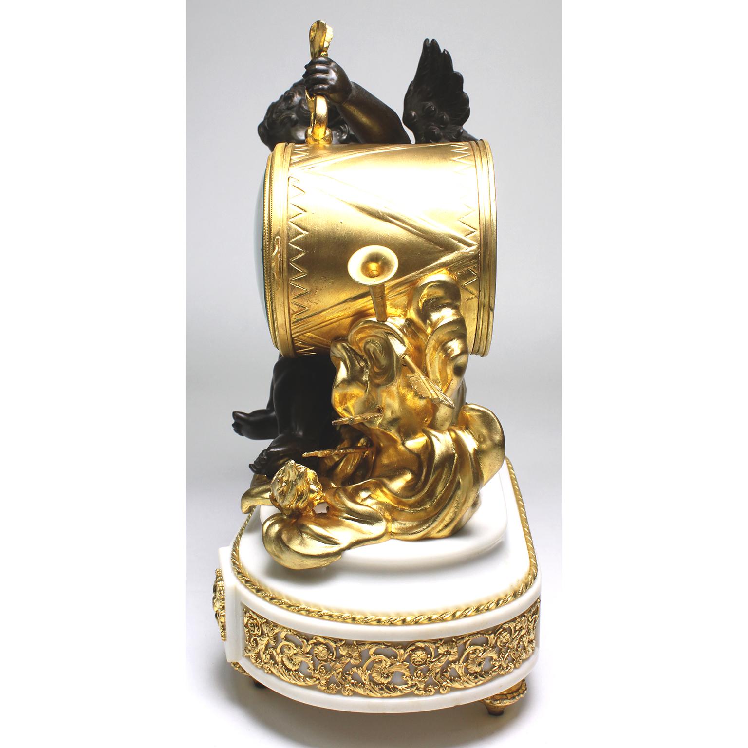 French Louis XVI Style Gilt and Patinated Bronze White Marble Cherub Cupid Clock For Sale 2