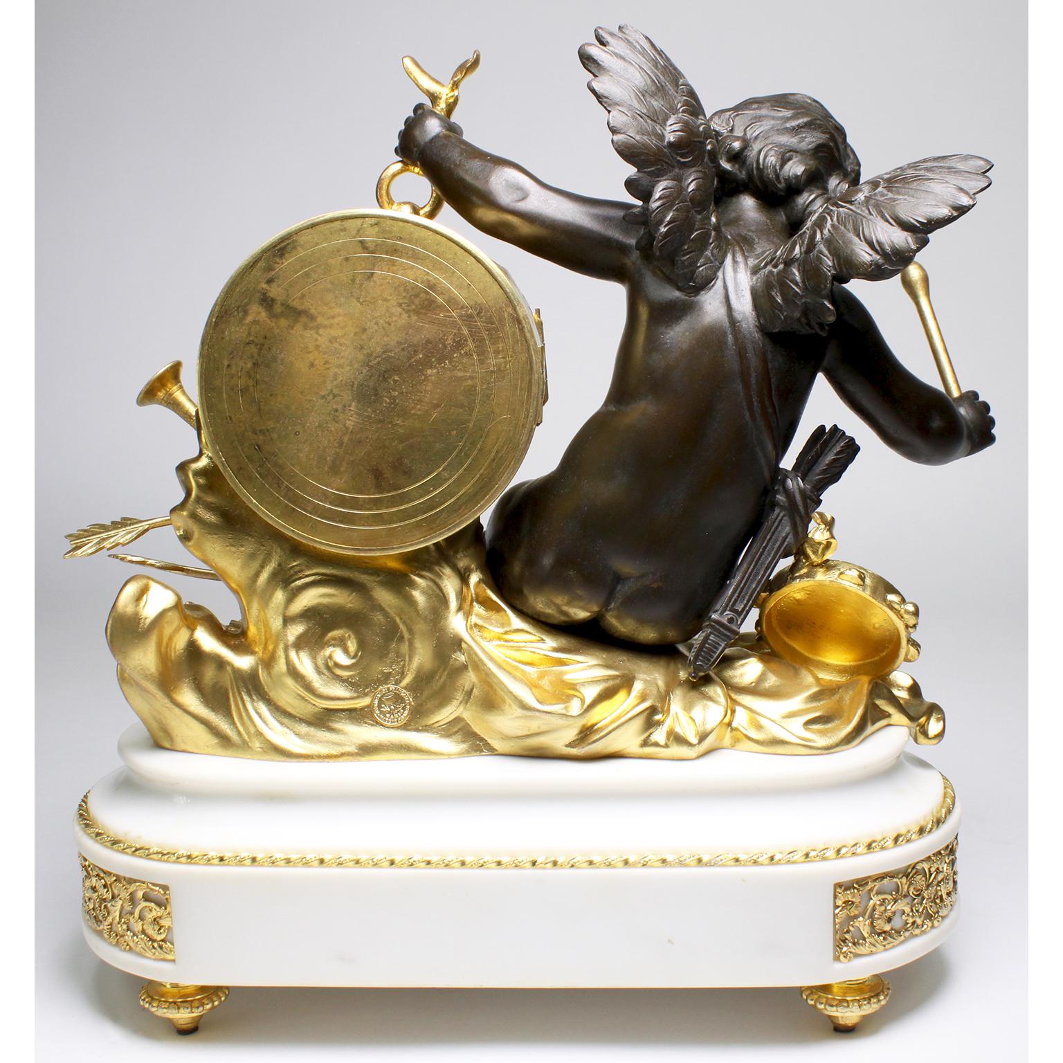 French Louis XVI Style Gilt and Patinated Bronze White Marble Cherub Cupid Clock For Sale 3