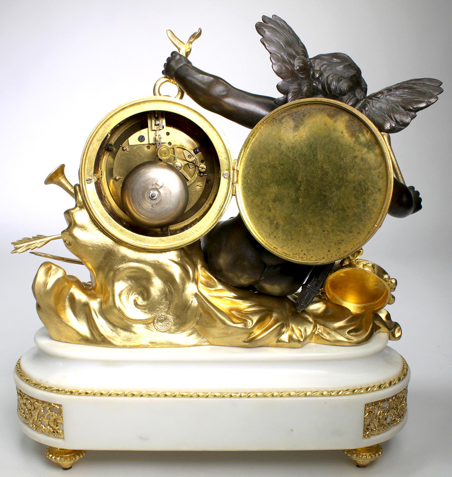French Louis XVI Style Gilt and Patinated Bronze White Marble Cherub Cupid Clock For Sale 4