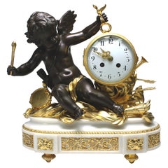 French Louis XVI Style Gilt and Patinated Bronze White Marble Cherub Cupid Clock