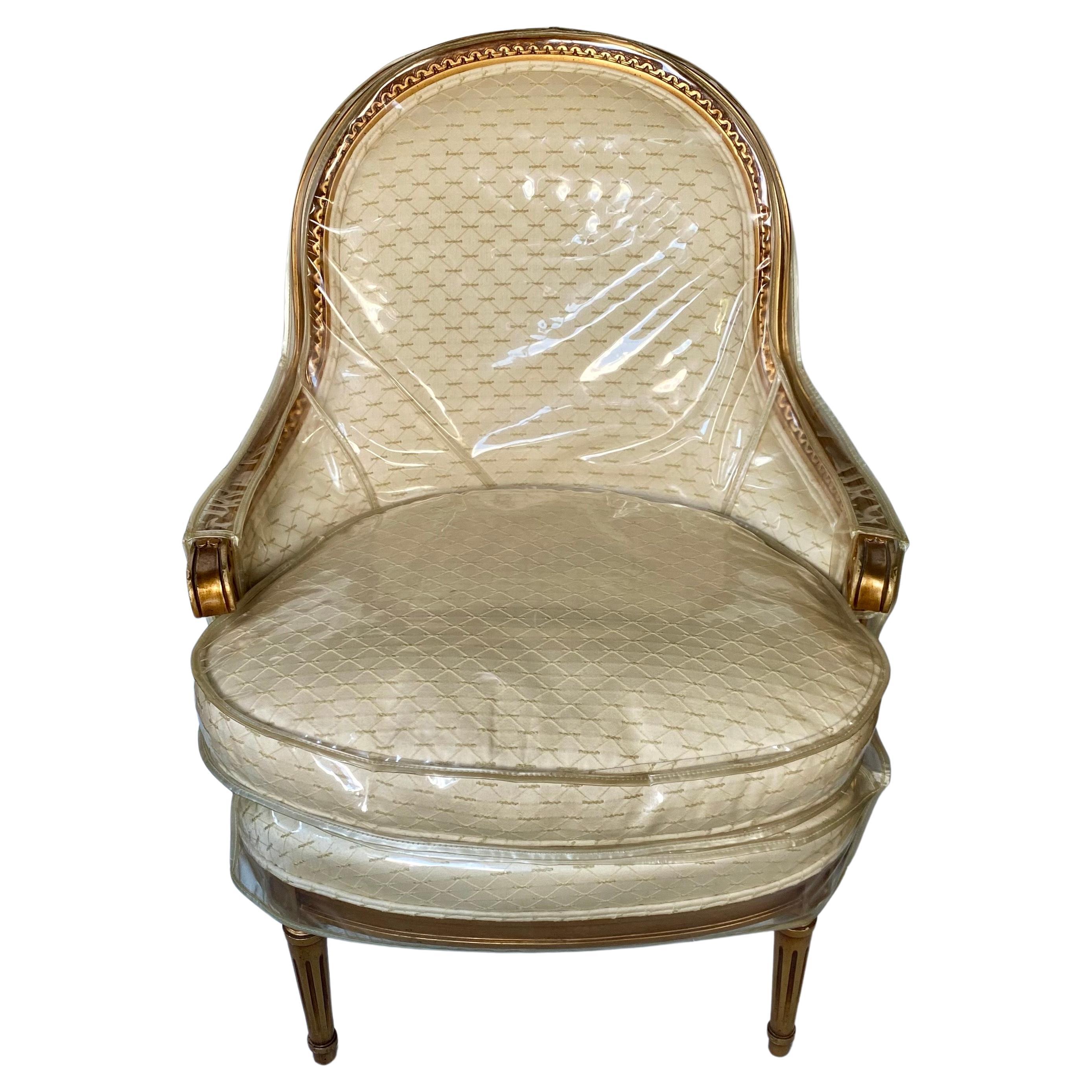 French Louis XVI Style Gilt Barrel Back Bergere Chair 9