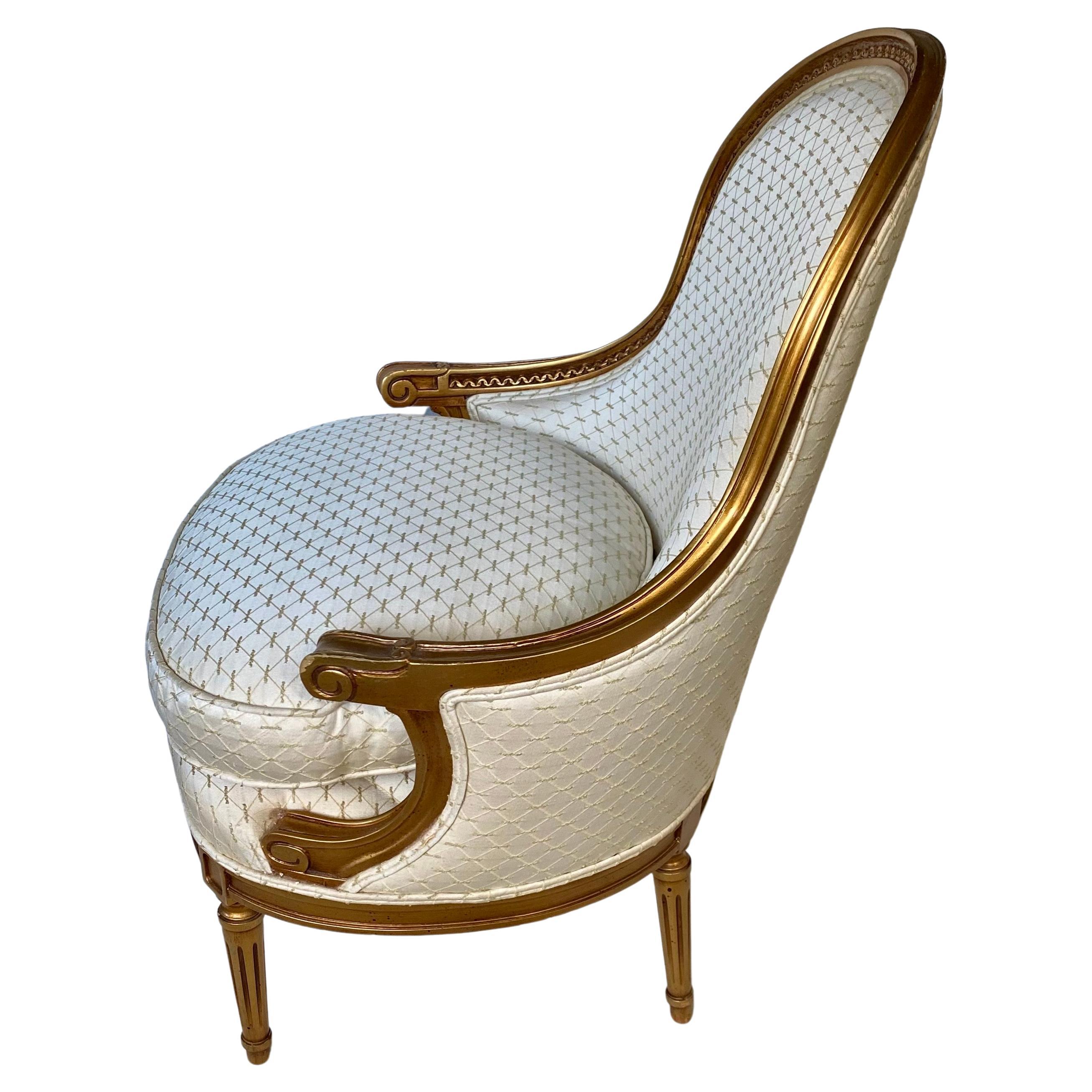20th Century French Louis XVI Style Gilt Barrel Back Bergere Chair