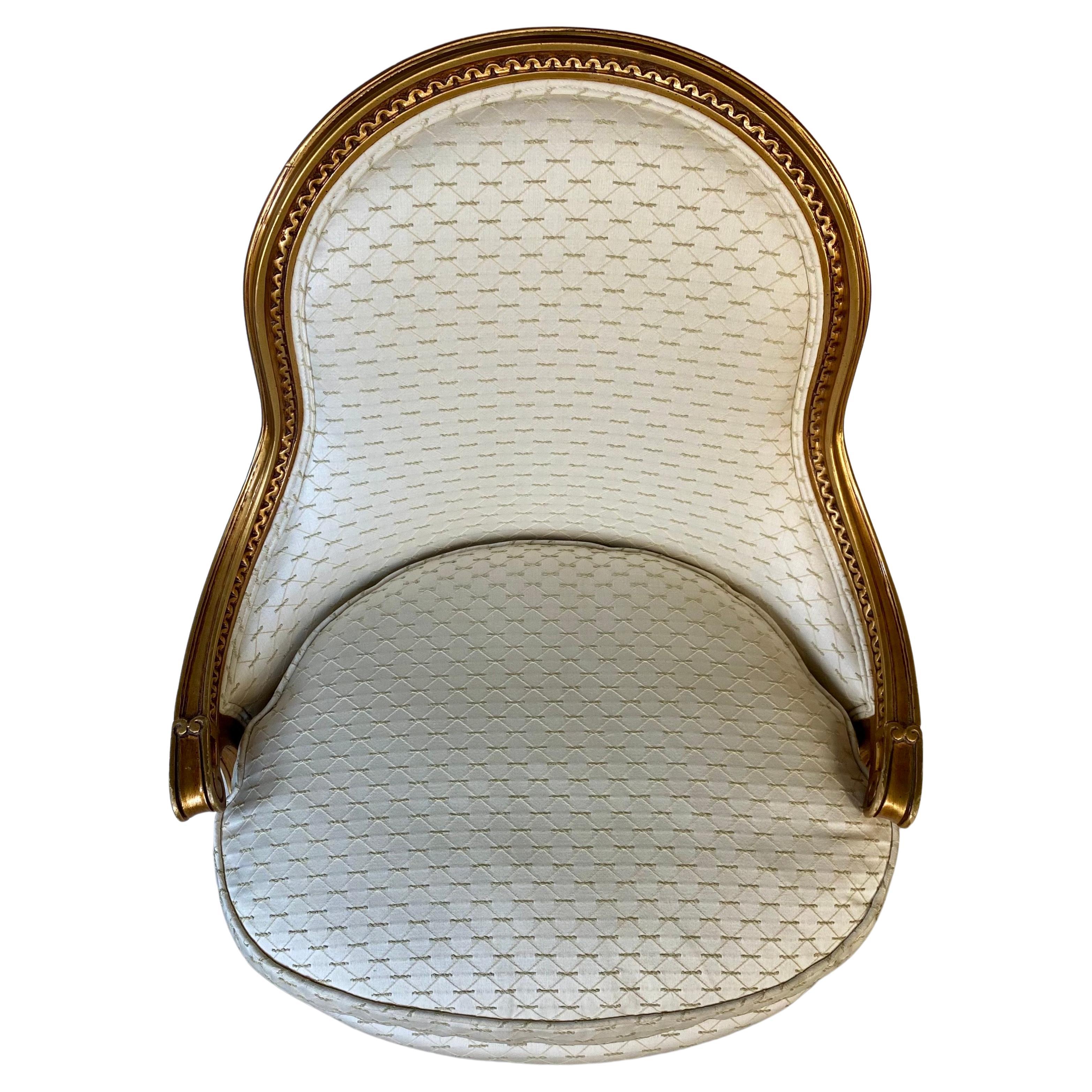 Upholstery French Louis XVI Style Gilt Barrel Back Bergere Chair