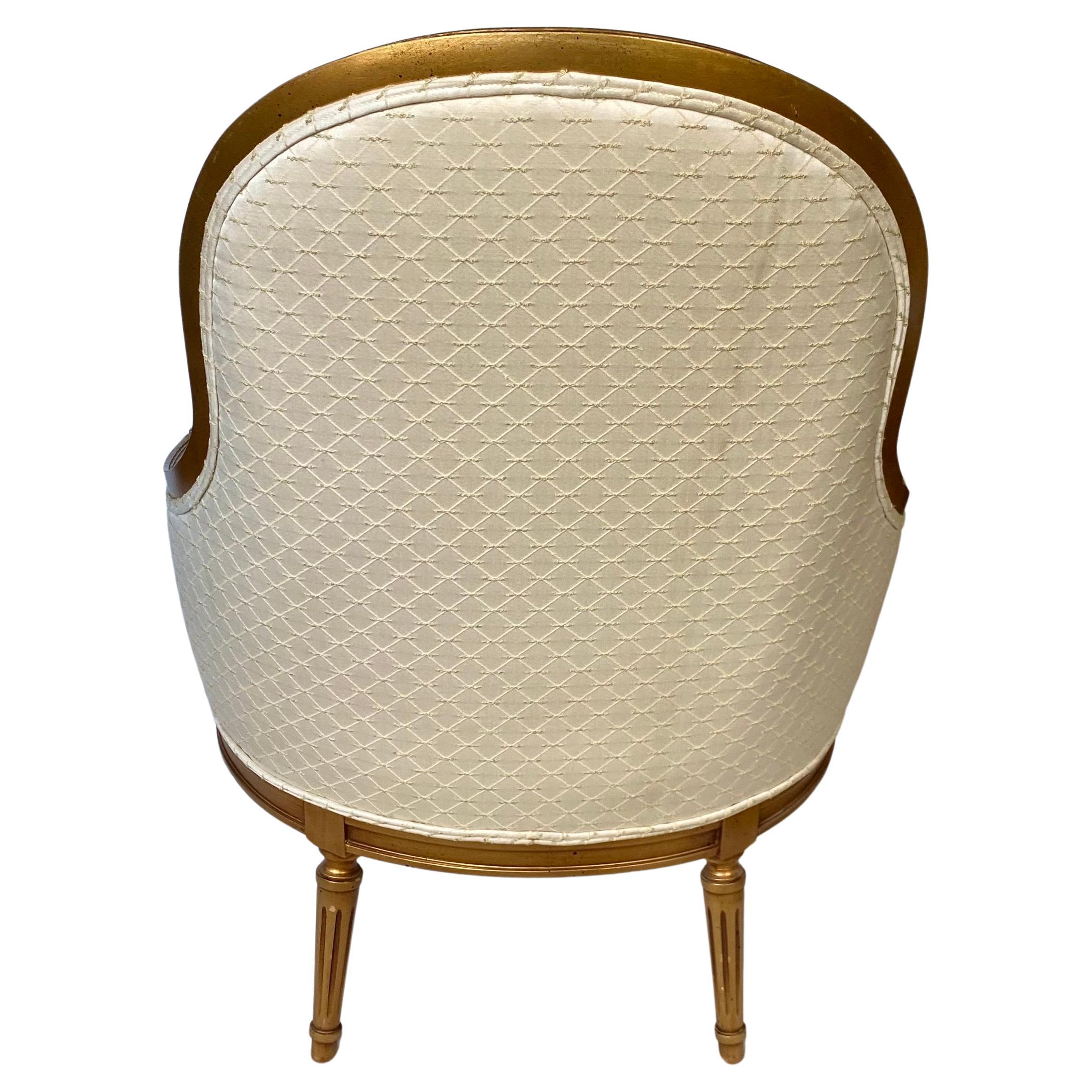 French Louis XVI Style Gilt Barrel Back Bergere Chair 1