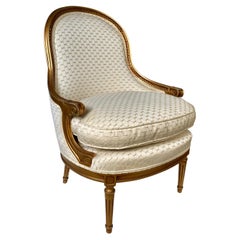 French Louis XVI Style Gilt Barrel Back Bergere Chair