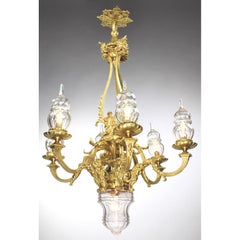 French Louis XVI Style Gilt-Bronze & Blown Cut-Glass 7-Light Figural Chandelier