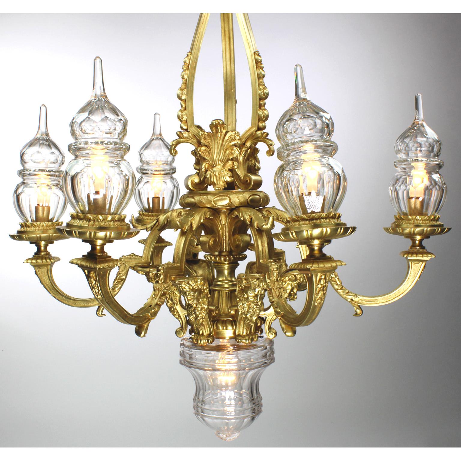 Belle Époque French Louis XVI Style Gilt-Bronze & Blown Cut-Glass 7-Light Figural Chandelier For Sale