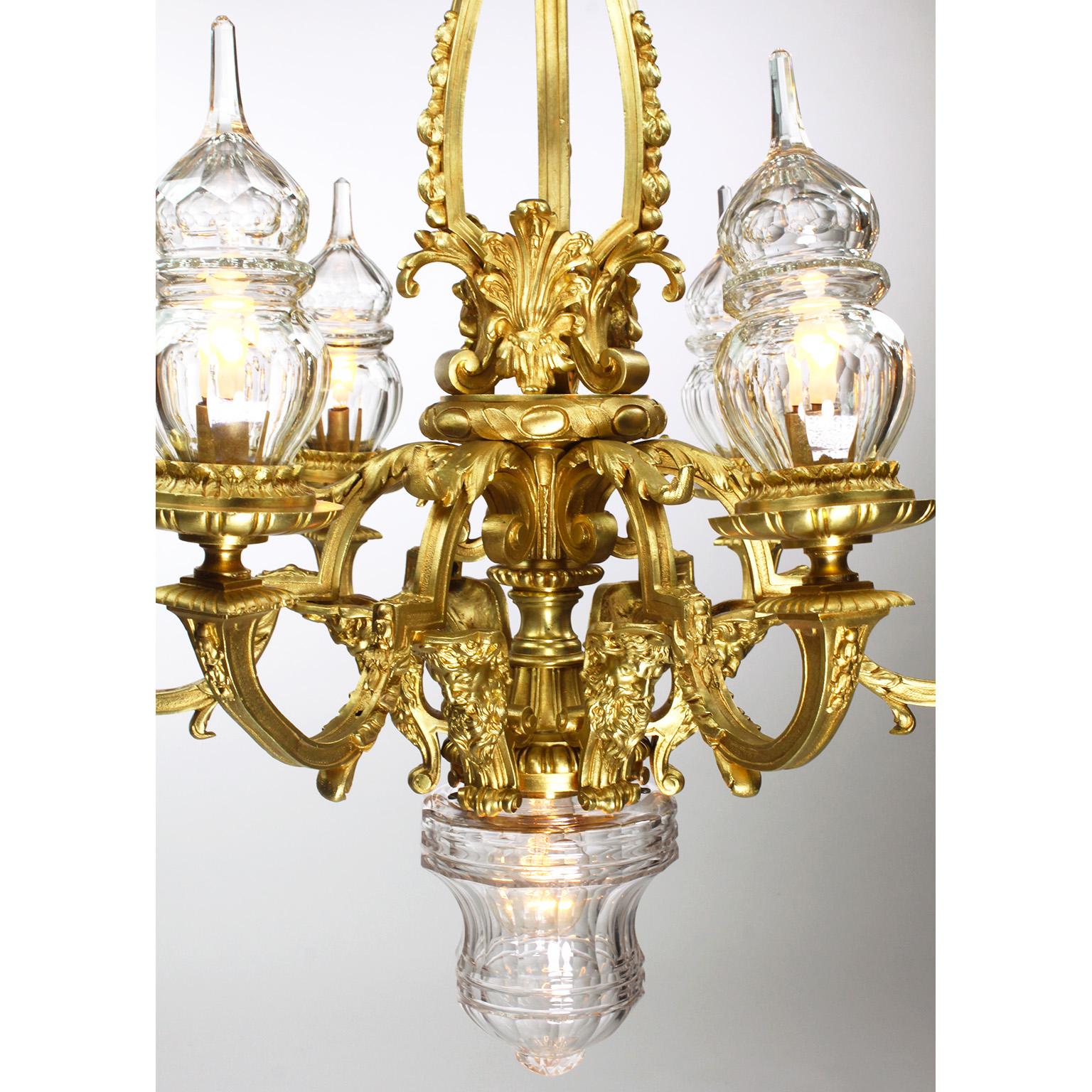 French Louis XVI Style Gilt-Bronze & Blown Cut-Glass 7-Light Figural Chandelier In Good Condition For Sale In Los Angeles, CA