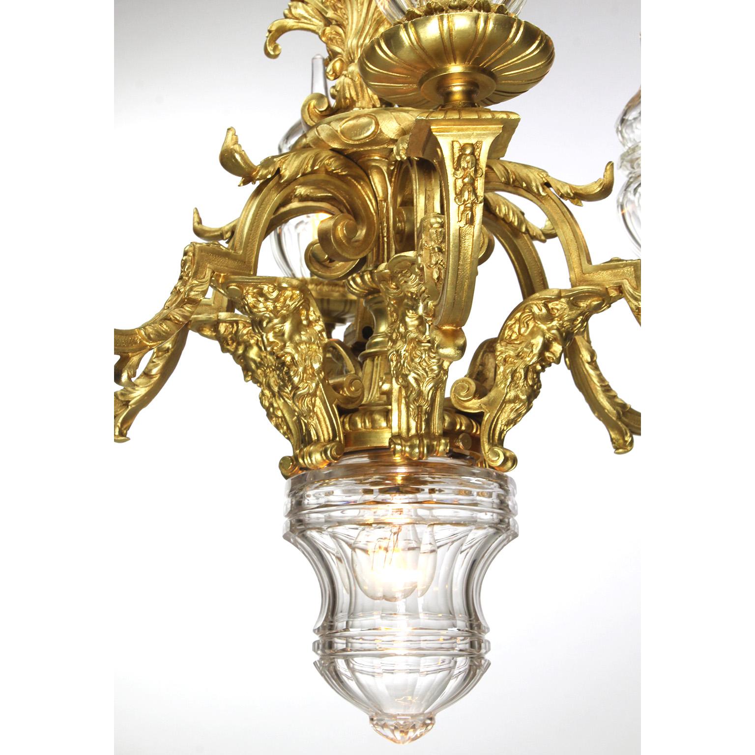 French Louis XVI Style Gilt-Bronze & Blown Cut-Glass 7-Light Figural Chandelier For Sale 1