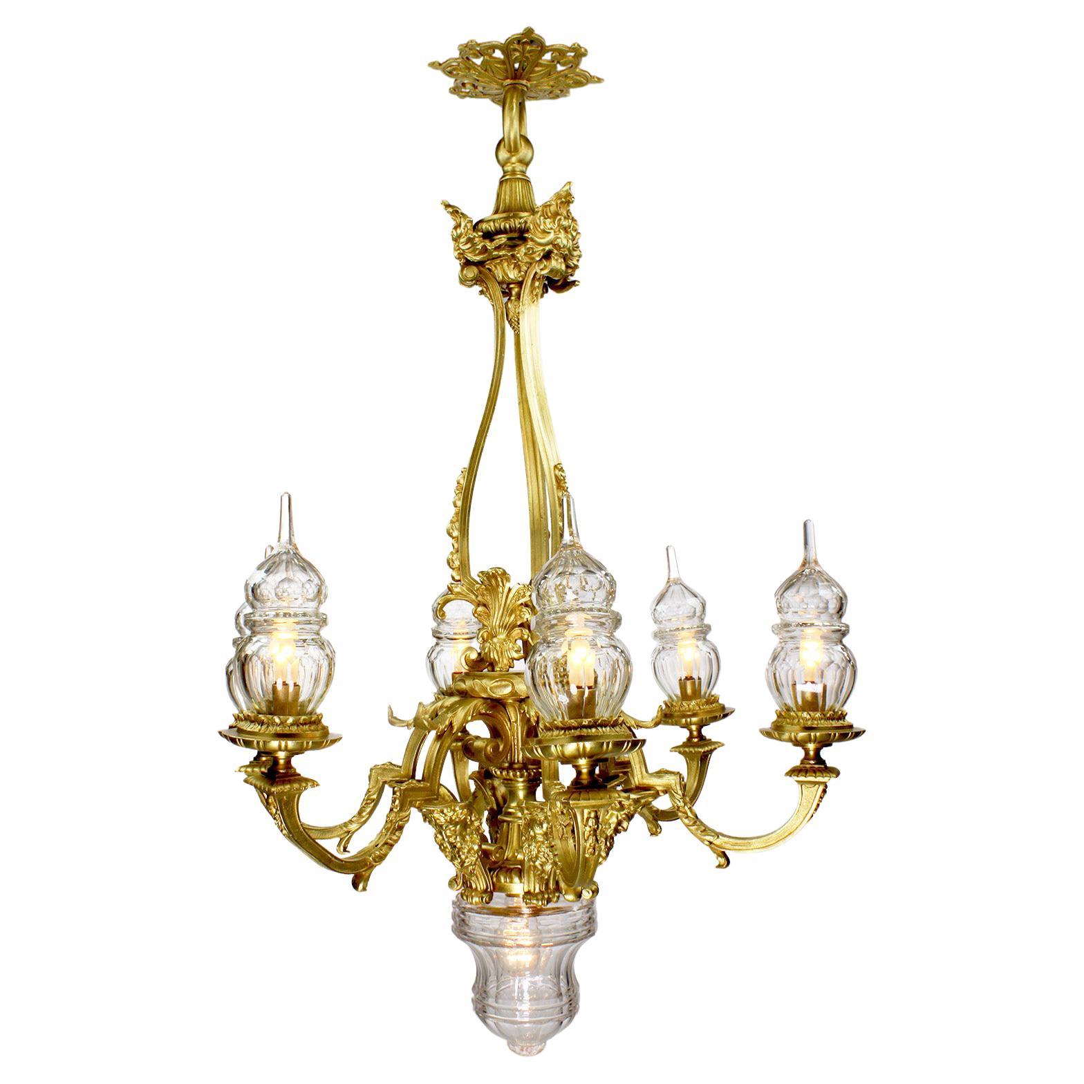 French Louis XVI Style Gilt-Bronze & Blown Cut-Glass 7-Light Figural Chandelier