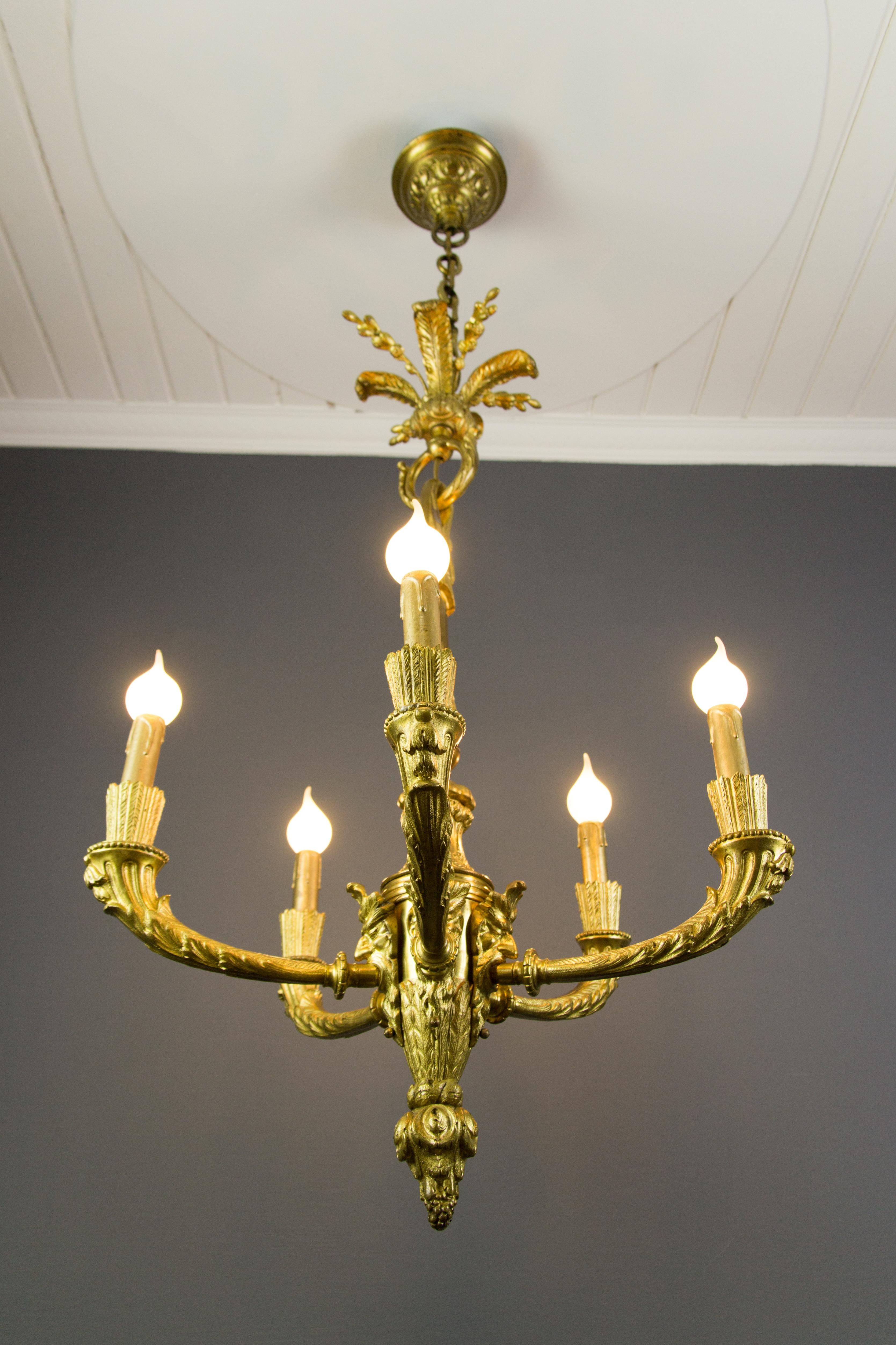 French Louis XVI Style Gilt Bronze Five-Light Bacchus Head Chandelier 11