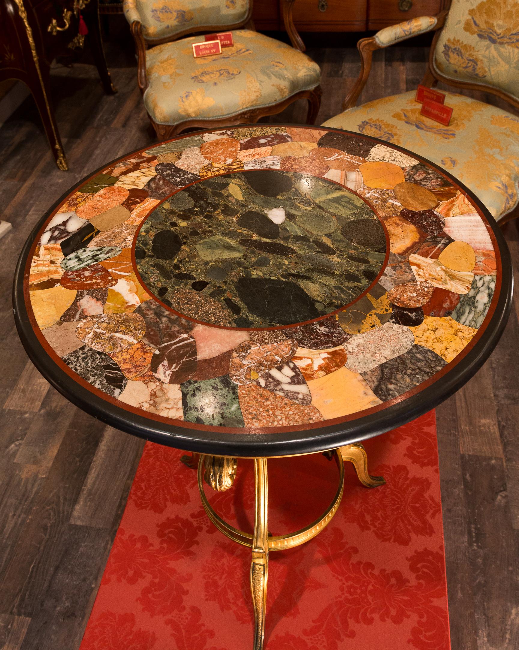 French Louis XVI Style Gilt-Bronze Gueridon Table and Marquetry Marble-Top In Good Condition In Saint Ouen, FR