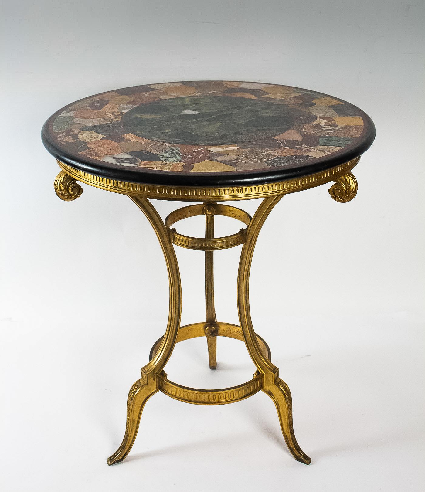 French Louis XVI Style Gilt-Bronze Gueridon Table and Marquetry Marble-Top 1